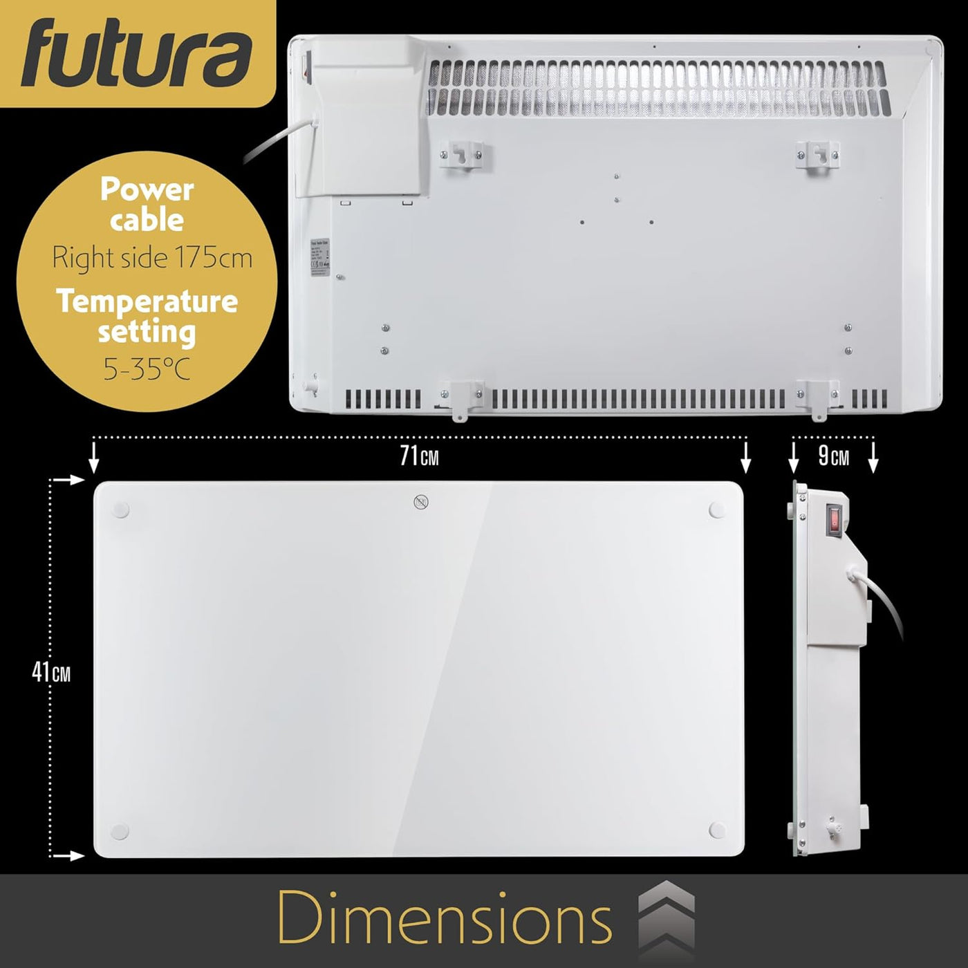 1500W White Glass Electric Radiator Heater with Thermostat Wall Mounted Futura