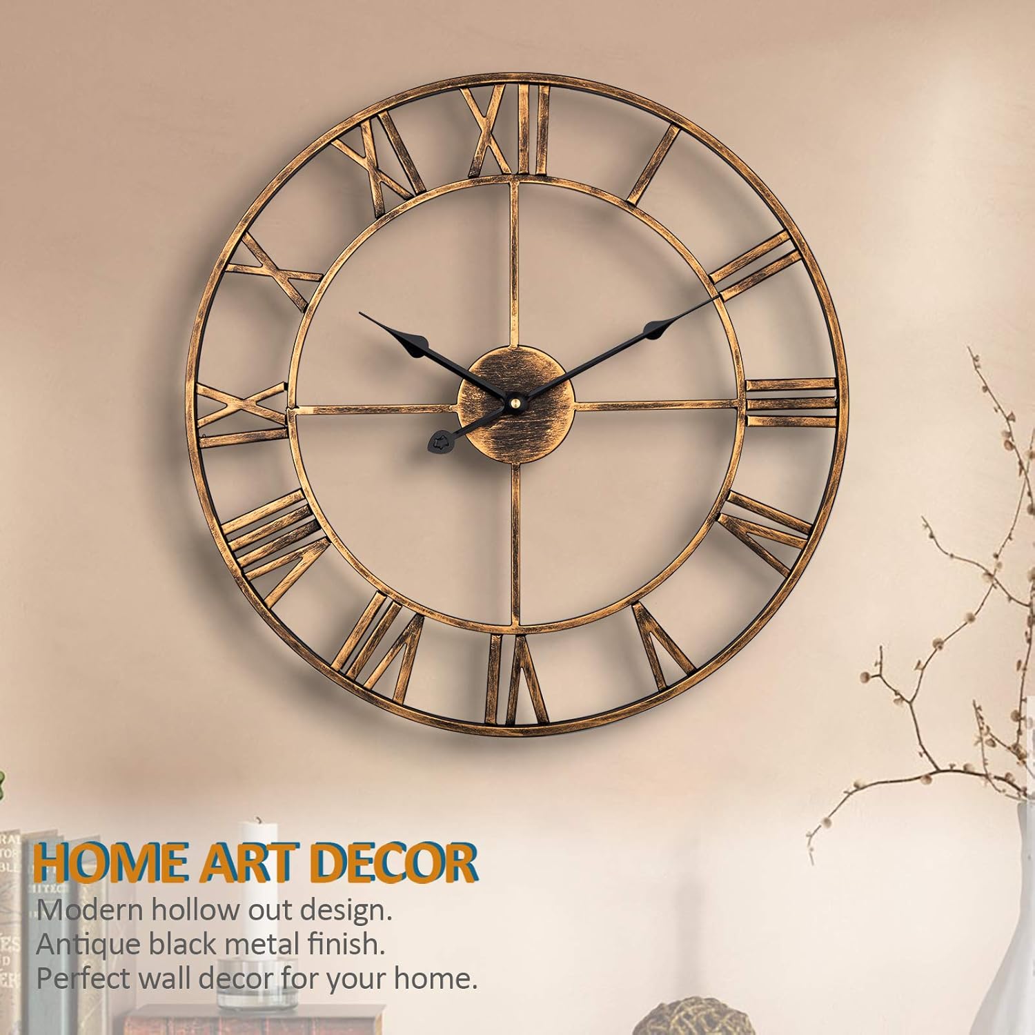 Silent Wall Clock Vintage Metal Skeleton Roman Numerals Farmhouse ARVINKEY