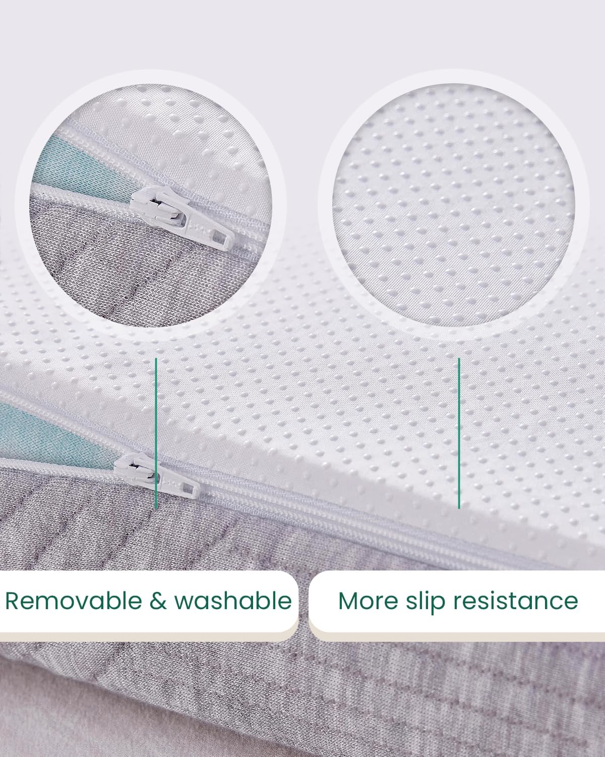 Textured fabric with zipper detail and slip resistance features on a white background