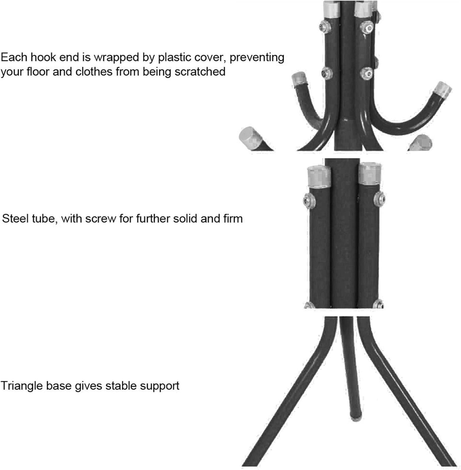 Black metal coat rack with hooks and steel tube, featuring text on its features.