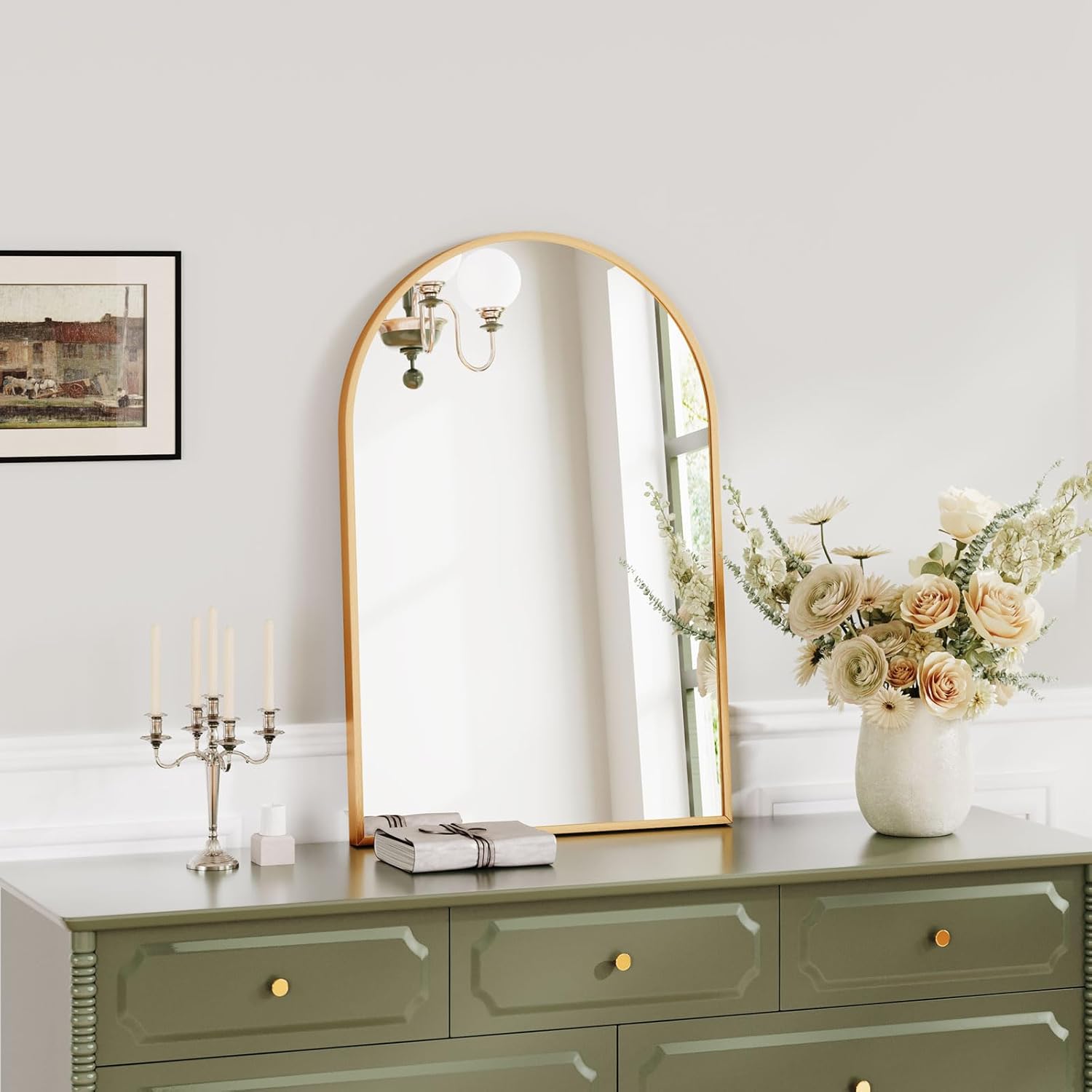 Arched Wall Mirror Gold 50x75cm Wall Mounted Leaning Bathroom Dripex