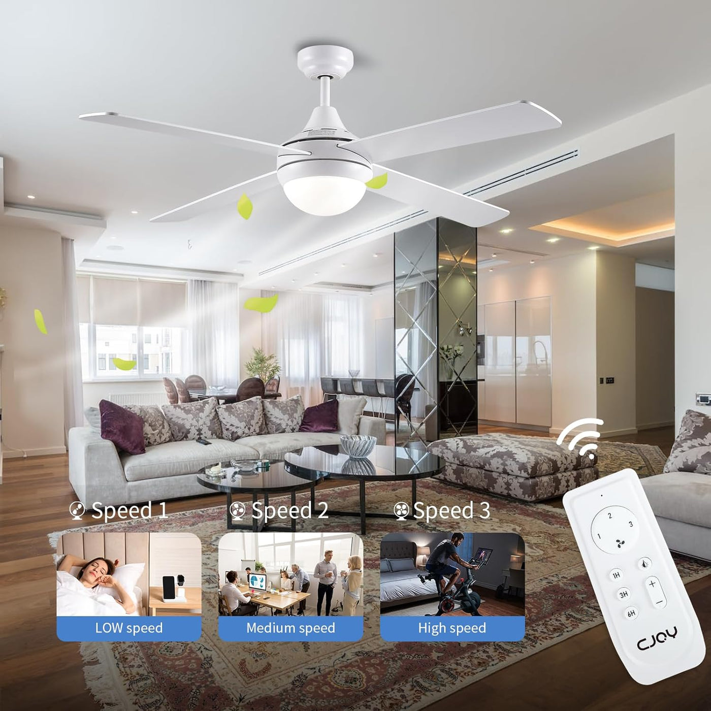 CJOY 48" White Ceiling Fan with Light & Remote, 4 Blades, Timer, 3 Speeds
