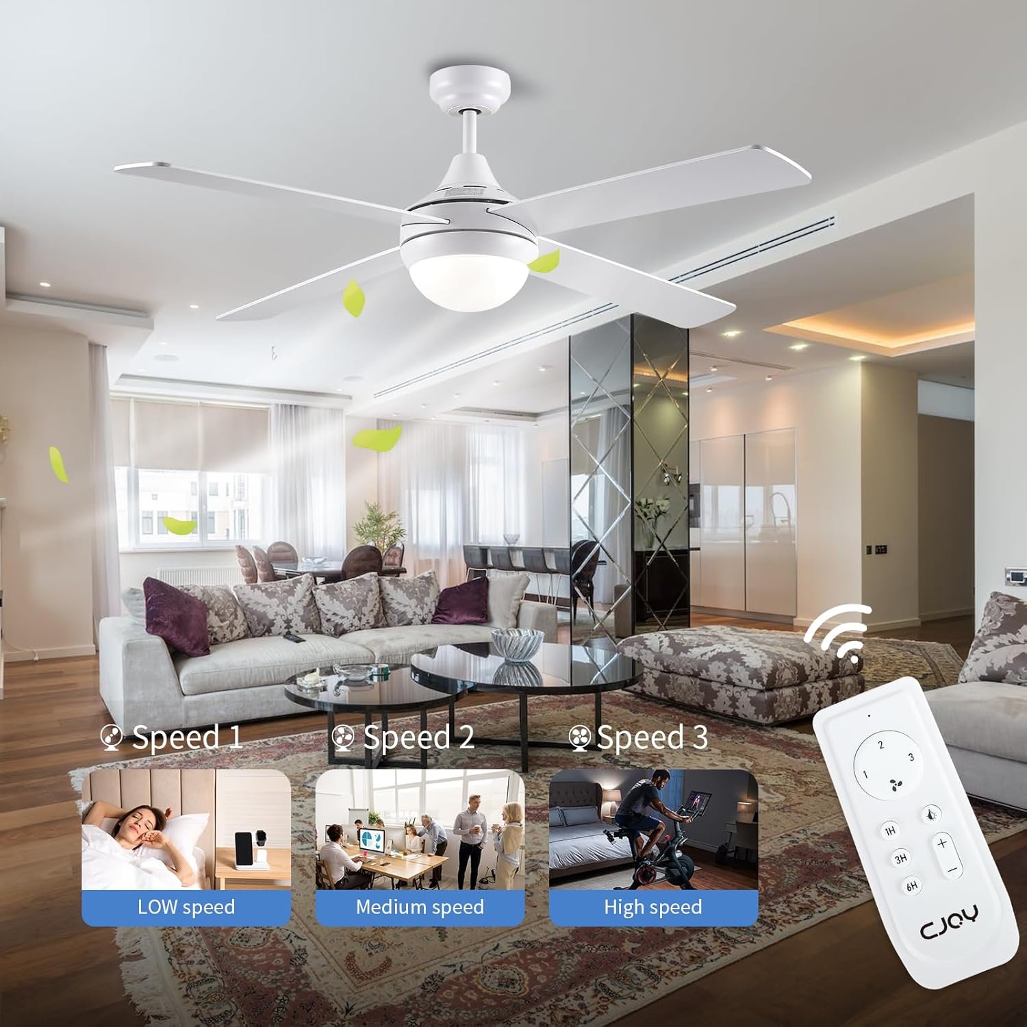 CJOY 48" White Ceiling Fan with Light & Remote, 4 Blades, Timer, 3 Speeds