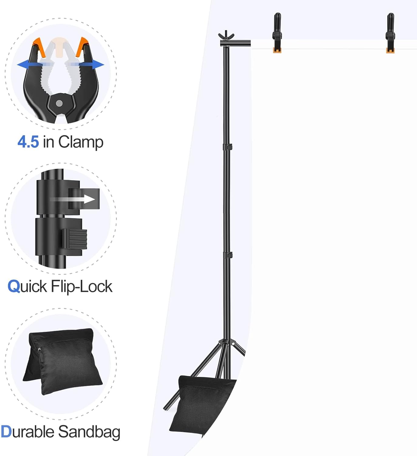 EMART 3x2.4m Backdrop Stand Kit, Adjustable with 2 Crossbars, Clamps, Sandbags