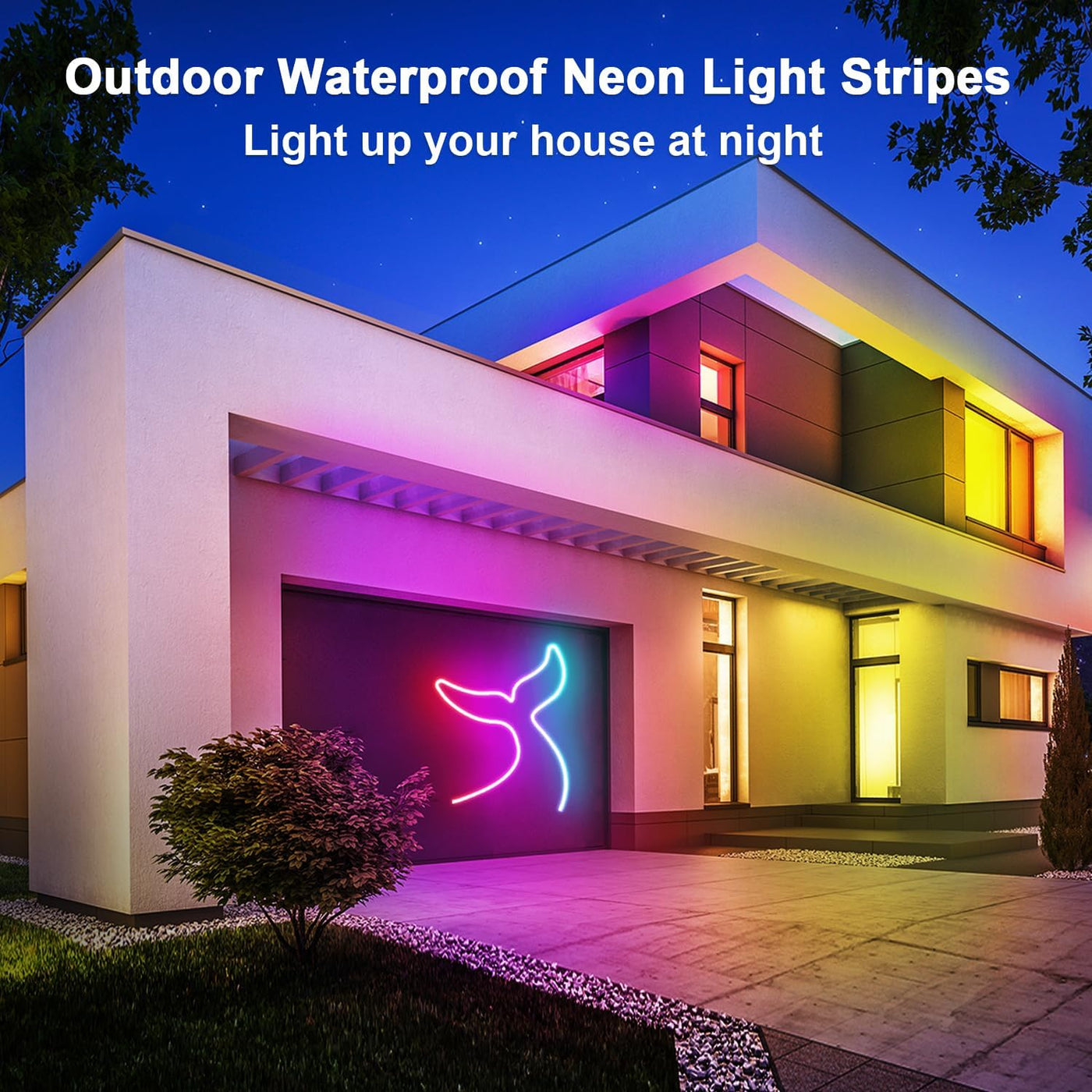 Modern house with neon light stripes on exterior walls and garage door.