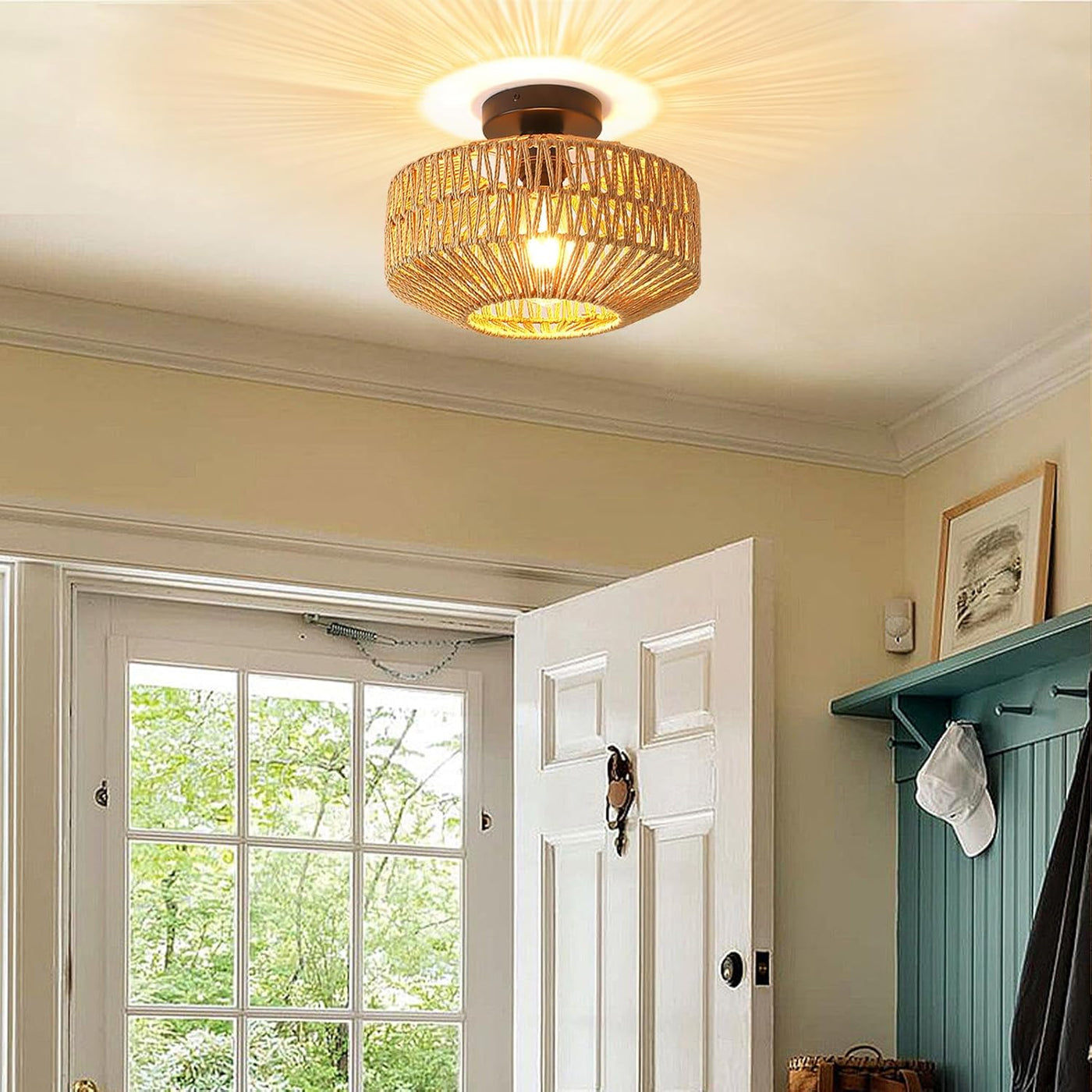 Schindora Boho Rattan Ceiling Light – E27 Rustic Braided Lamp Shade