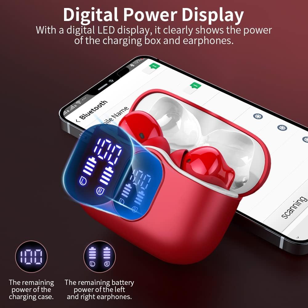 Red wireless earbuds in a charging case with digital display, shown next to a smartphone.