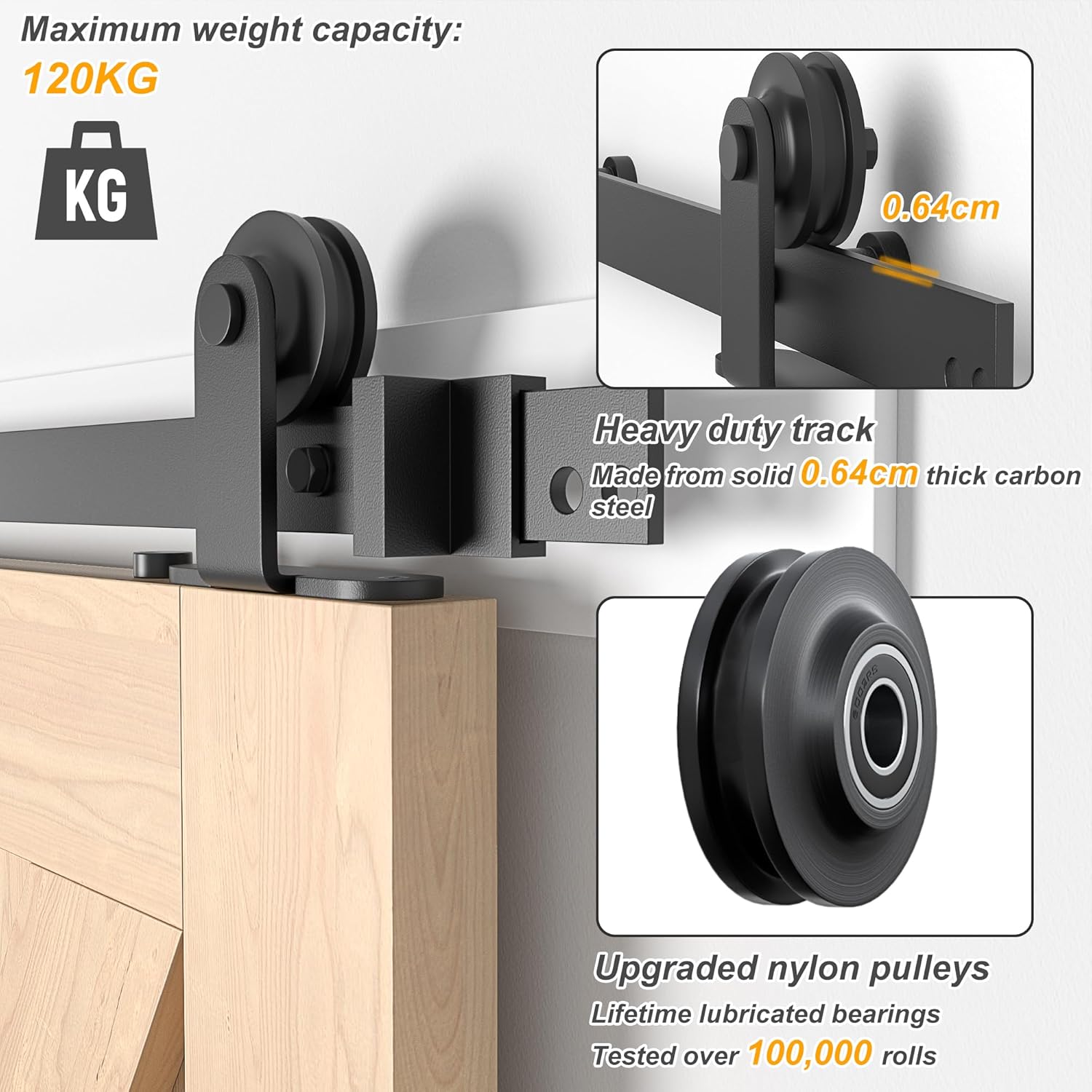 Heavy-duty sliding door track system with upgraded nylon pulleys and carbon steel construction.