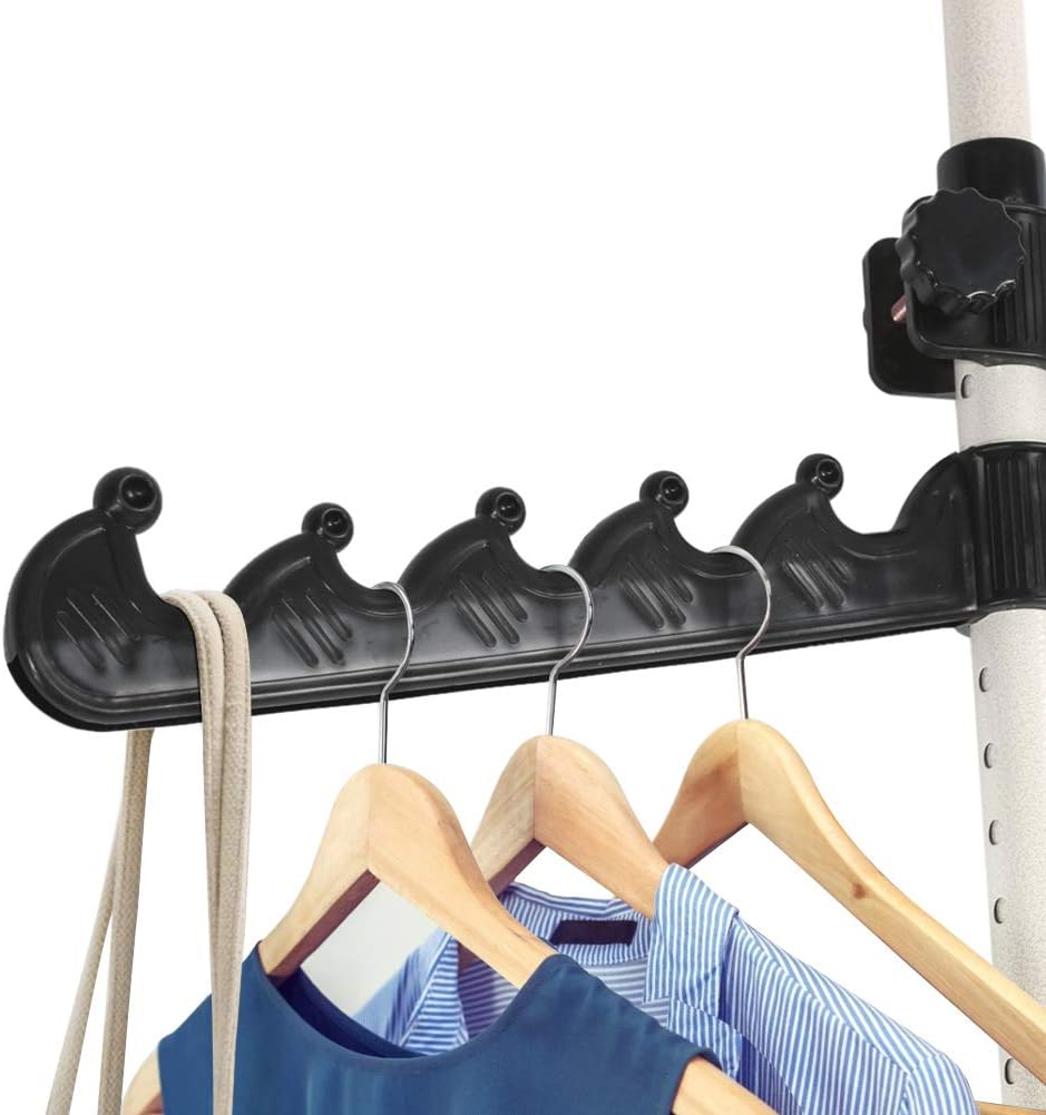 Clothing rack with multiple hooks holding wooden hangers with clothes on a white background