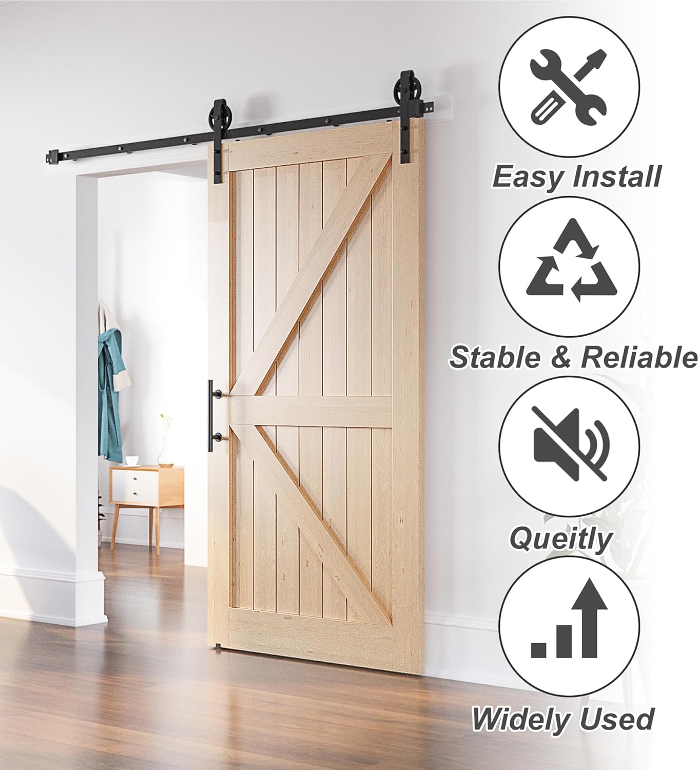 Wooden sliding barn door with hardware on a white wall, featuring icons and text about installation ease, stability, noise reduction, and widespread use.