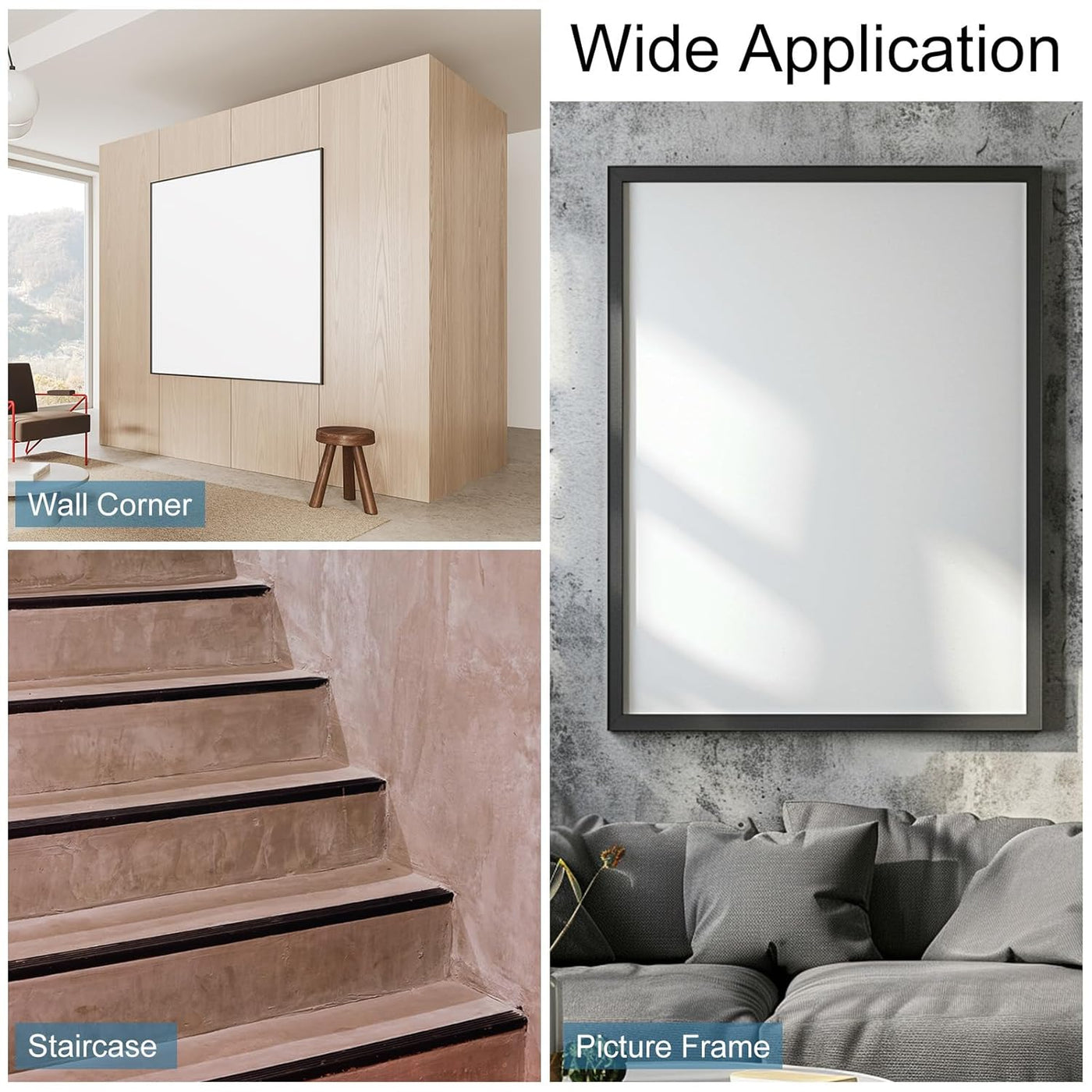 Collage of mirrors in various settings including wall corner, staircase, and picture frame.