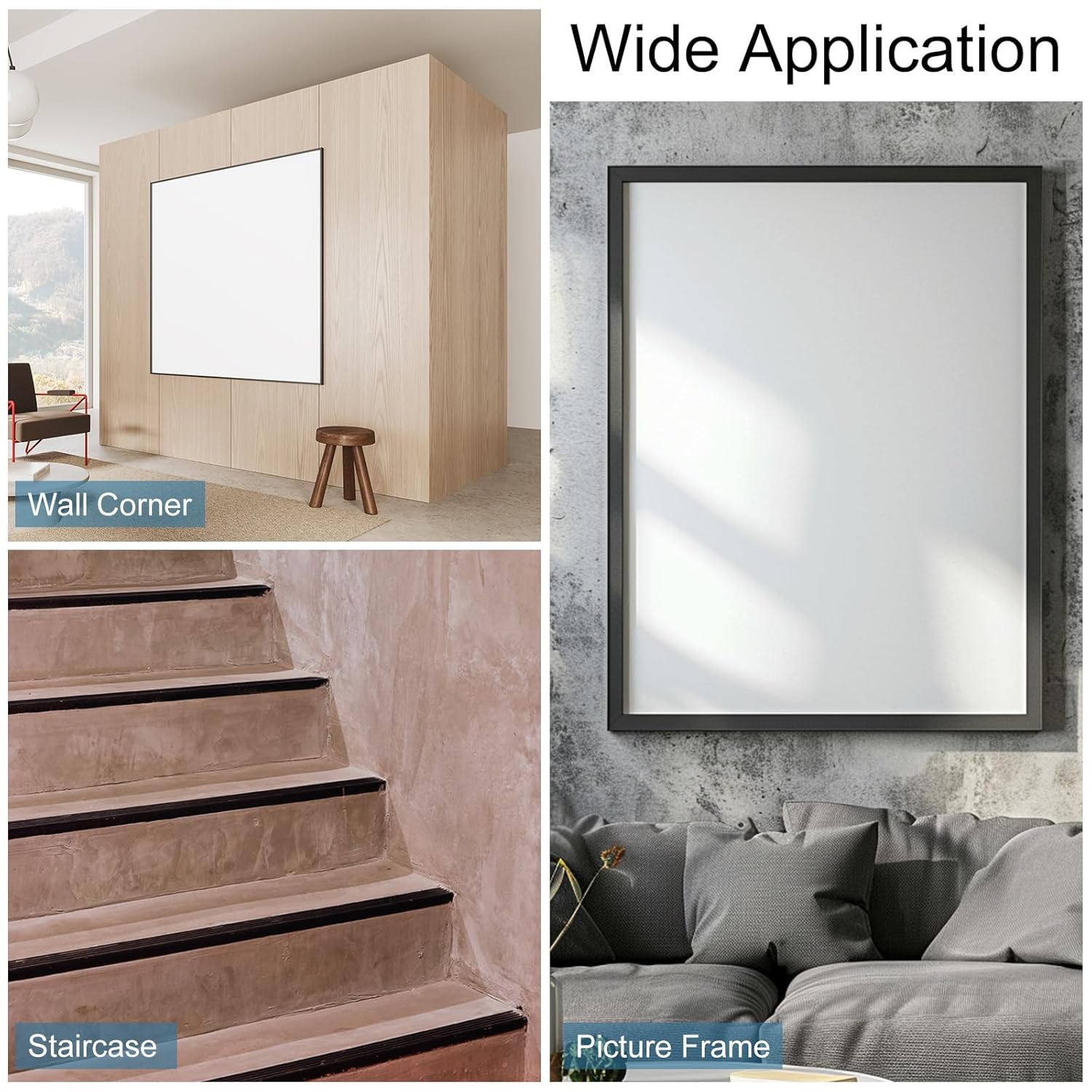 Collage of mirrors in various settings including wall corner, staircase, and picture frame.