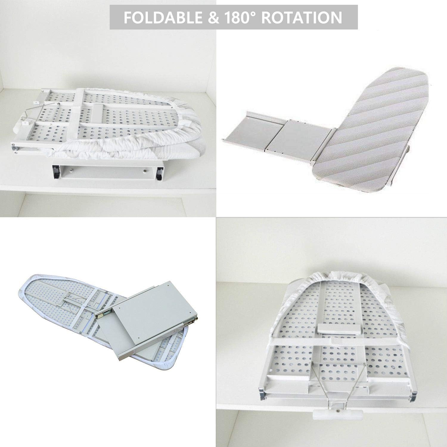 Foldable and rotatable ironing board with various angles shown on a white background.