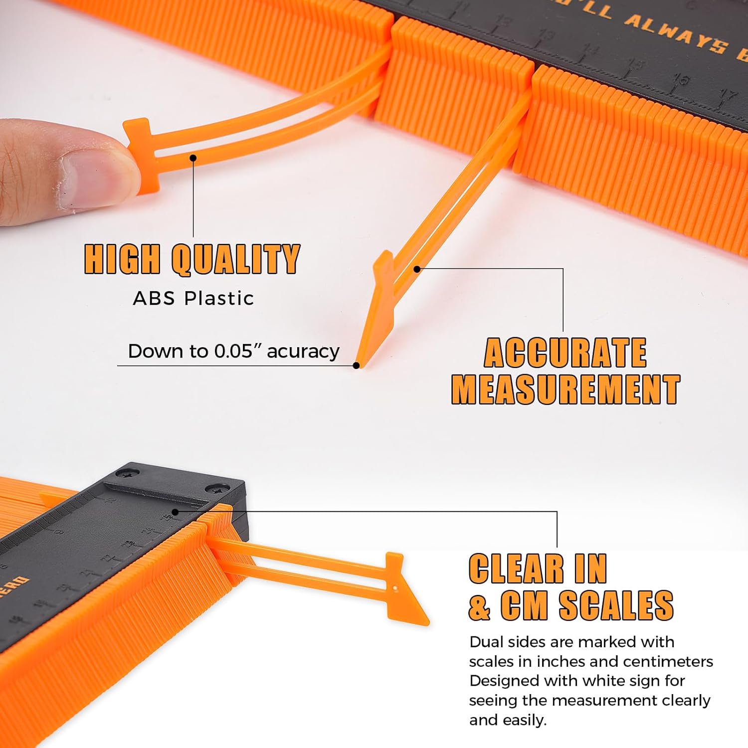 Orange ruler with measurement details on a white background