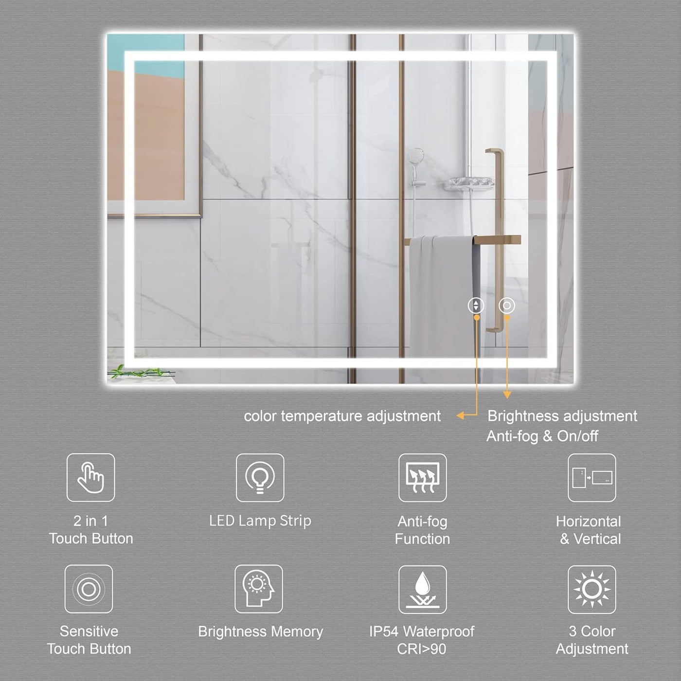 LED Bathroom Mirror Backlit Dimmable 3 Color 500x700mm Demister Dripex