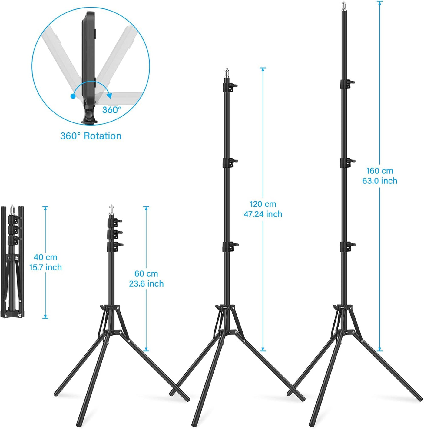 Photography light stand set with measurements and 360-degree rotation feature on a white background