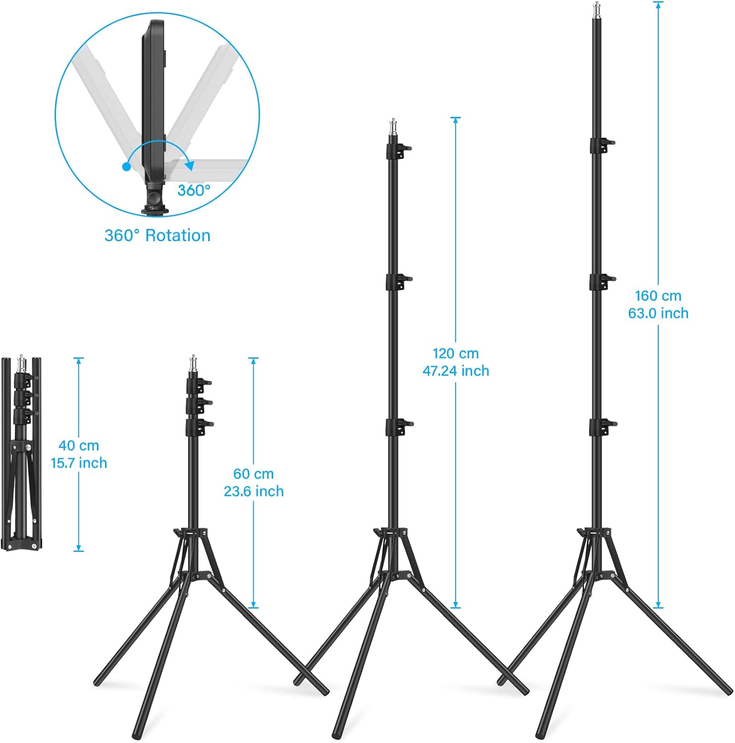 Photography light stand set with measurements and 360-degree rotation feature on a white background