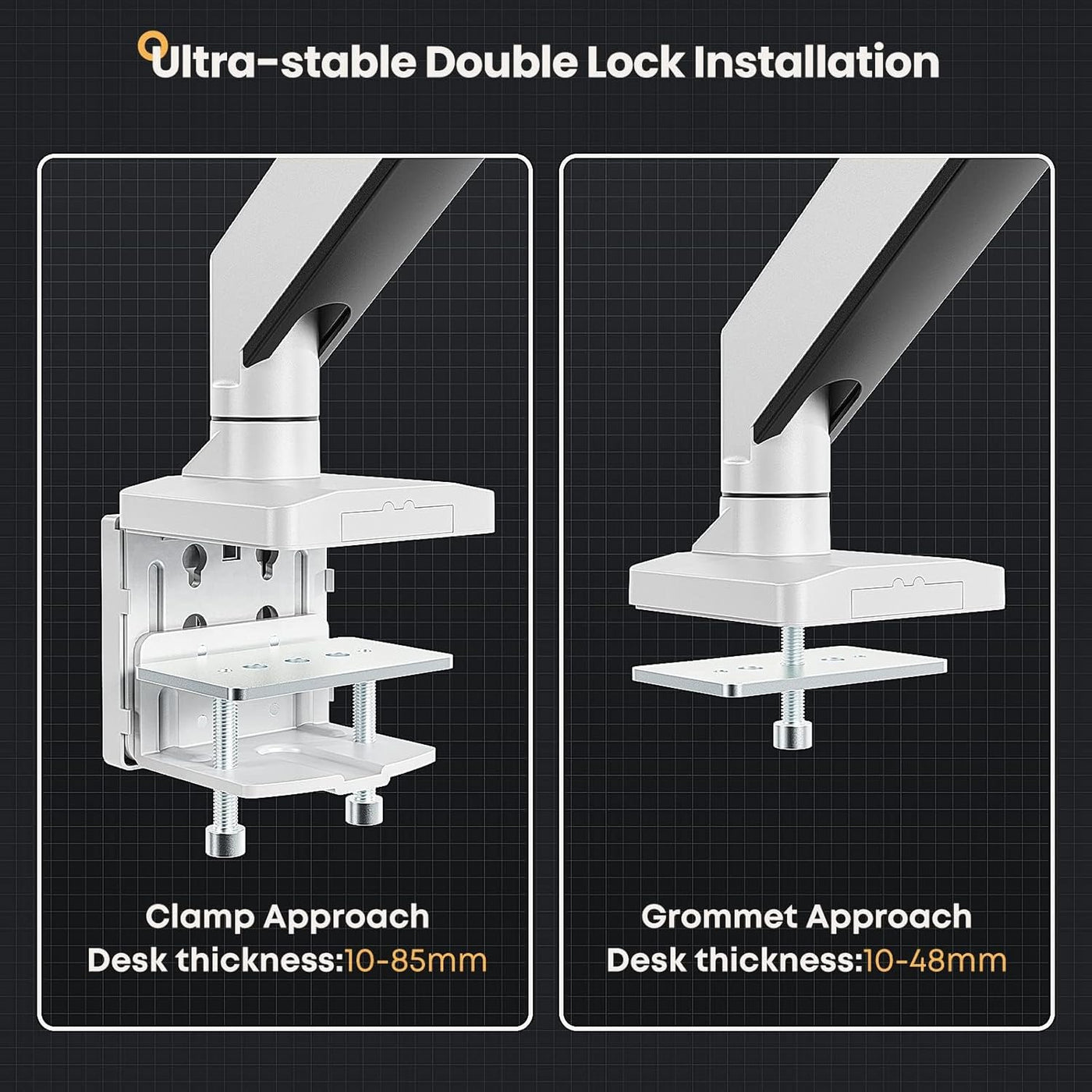 Two views of a monitor stand with text on ultra-stable double lock installation and desk thickness compatibility.