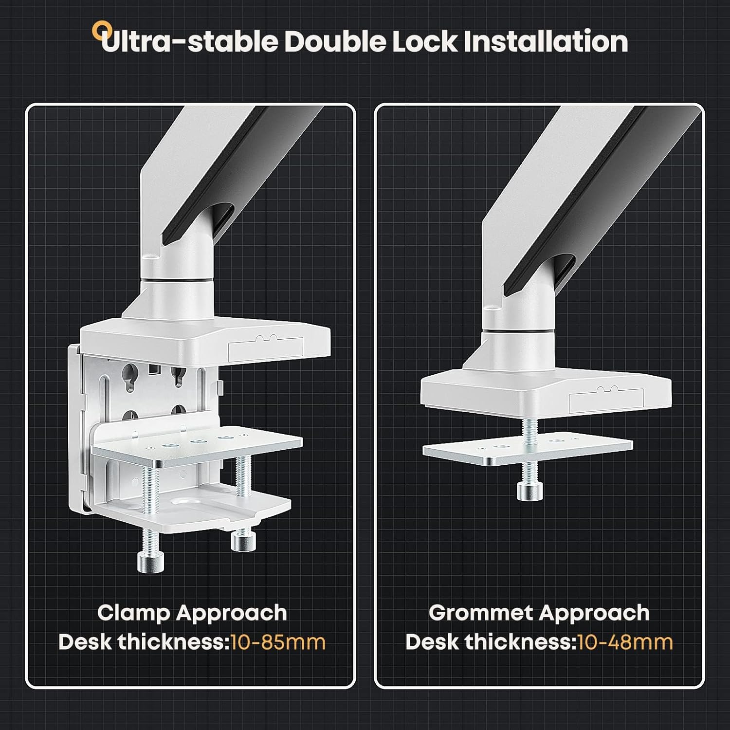 Two views of a monitor stand with text on ultra-stable double lock installation and desk thickness compatibility.