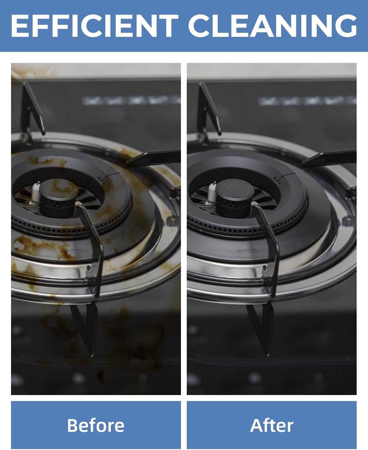 Before and after comparison of a stove top with cleaning results.