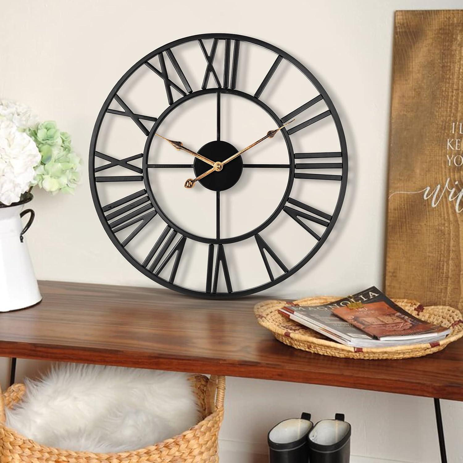 Silent Wall Clock Vintage Metal Skeleton Roman Numerals Farmhouse ARVINKEY