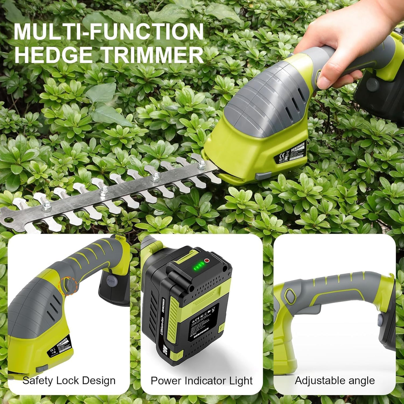 Multi-function hedge trimmer being used on a bush with features highlighted.