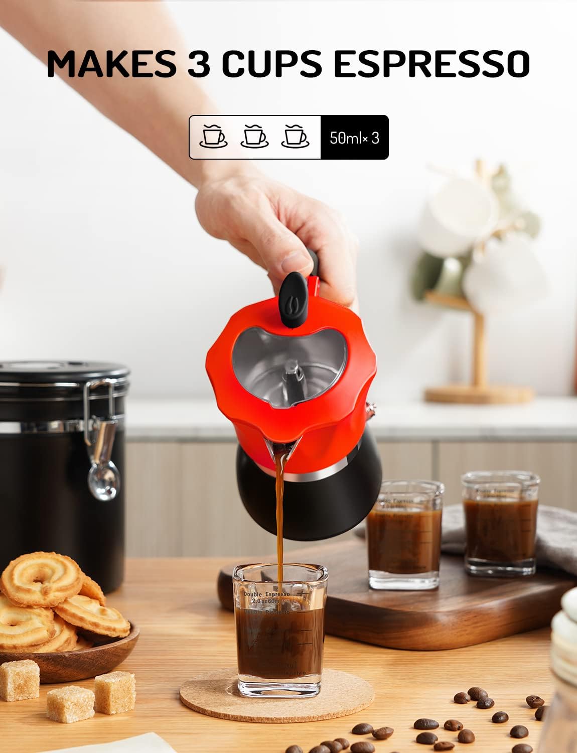 Stovetop Coffee Maker Italian Espresso Moka Pot Transparent Lid Red TWOMEOW