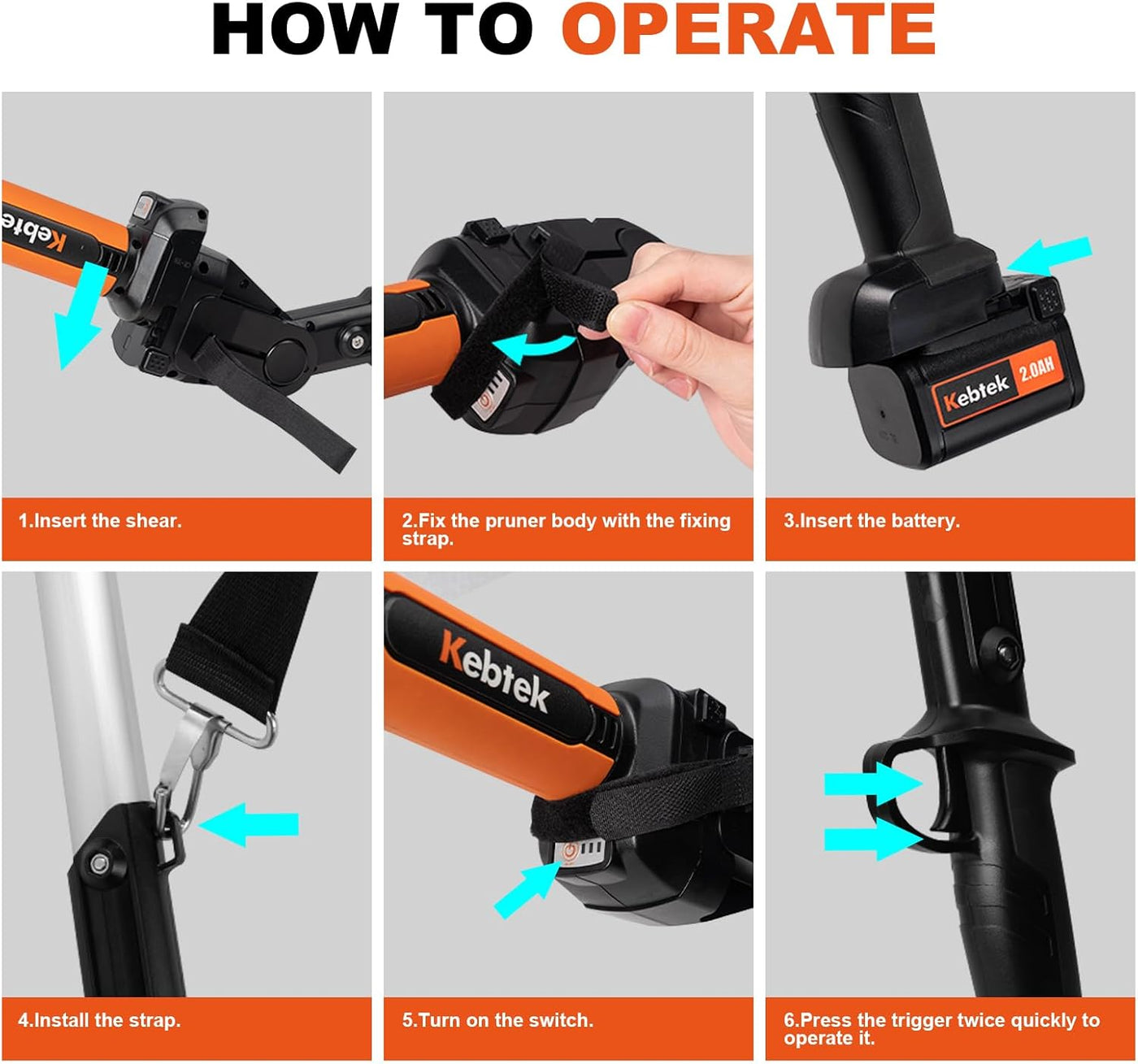 Step-by-step guide on how to operate a Kebtek pruning shear with visual instructions.