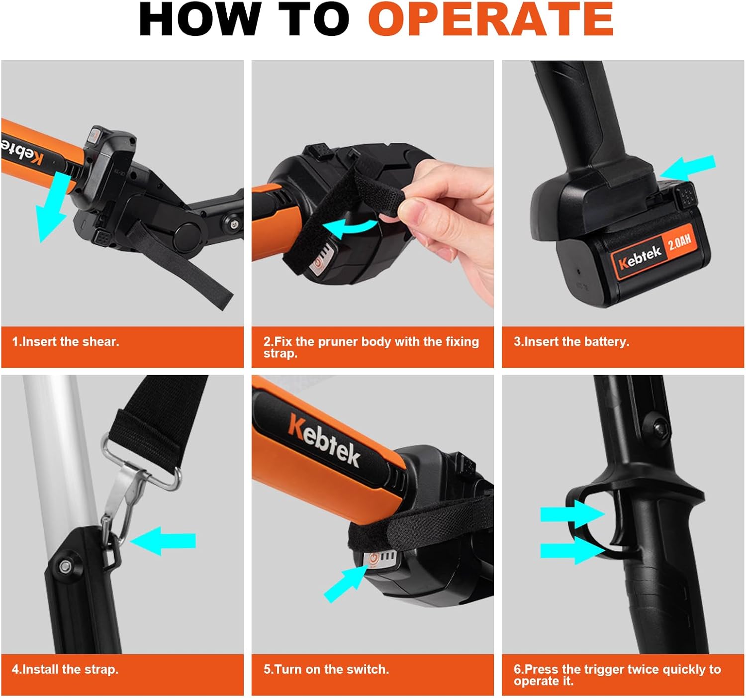 Step-by-step guide on how to operate a Kebtek pruning shear with visual instructions.