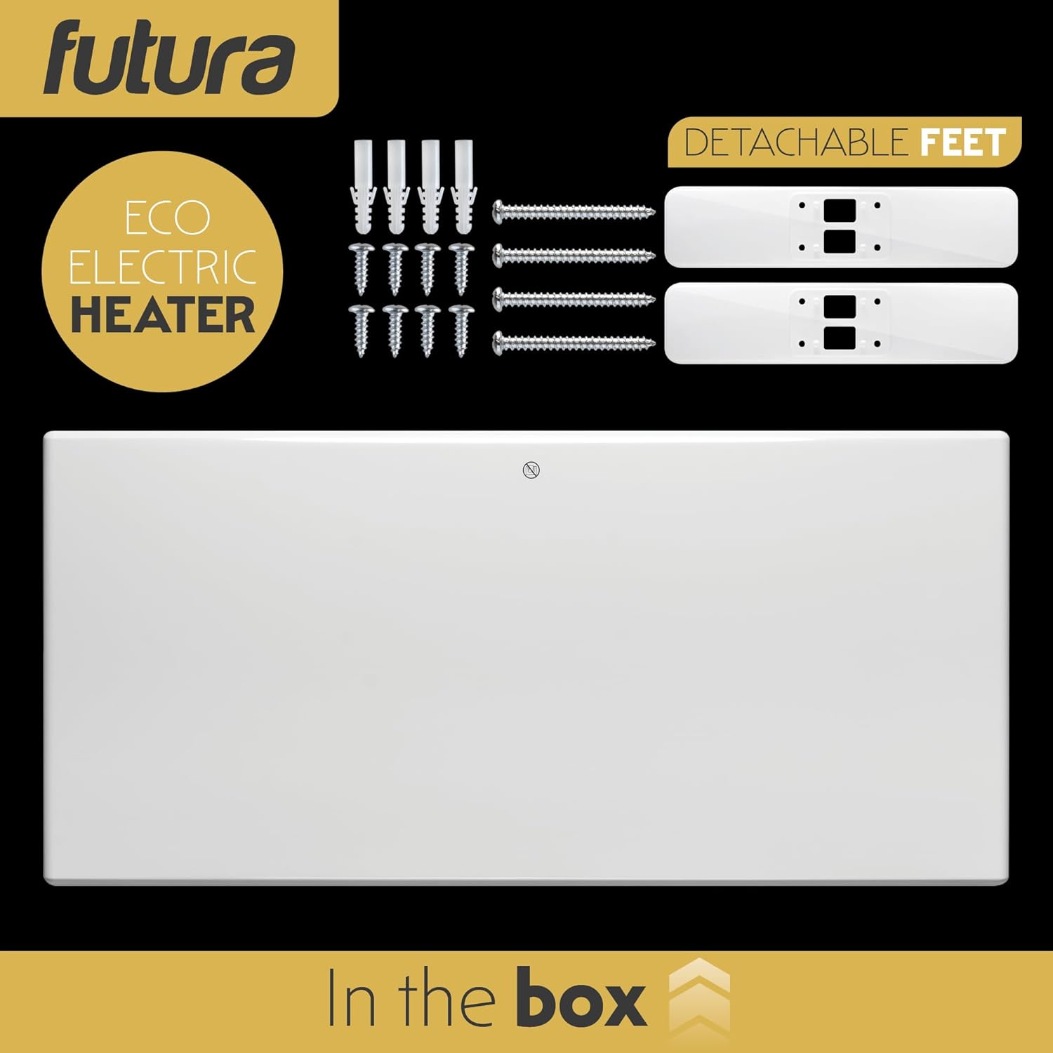 Futura eco electric heater with detachable feet and screws on a black background