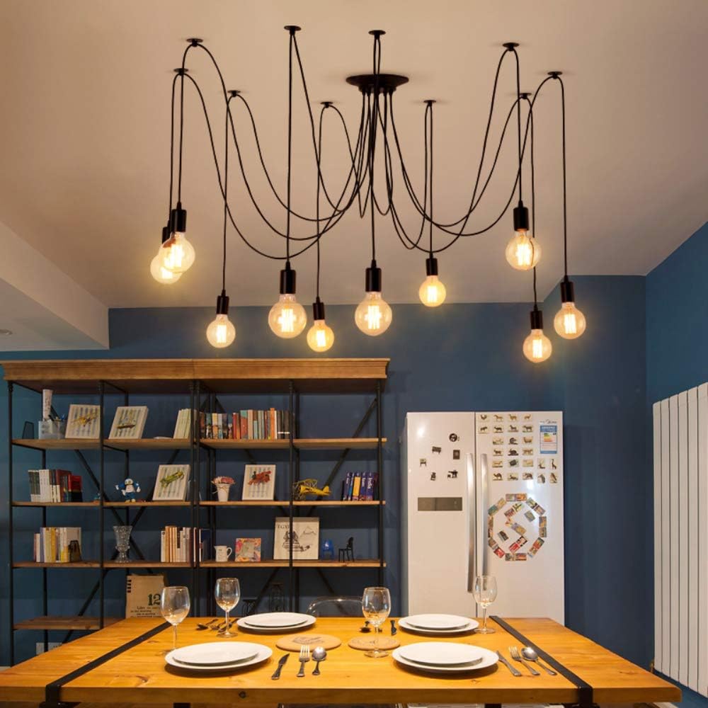 Modern chandelier with multiple light bulbs in a dining room setting.
