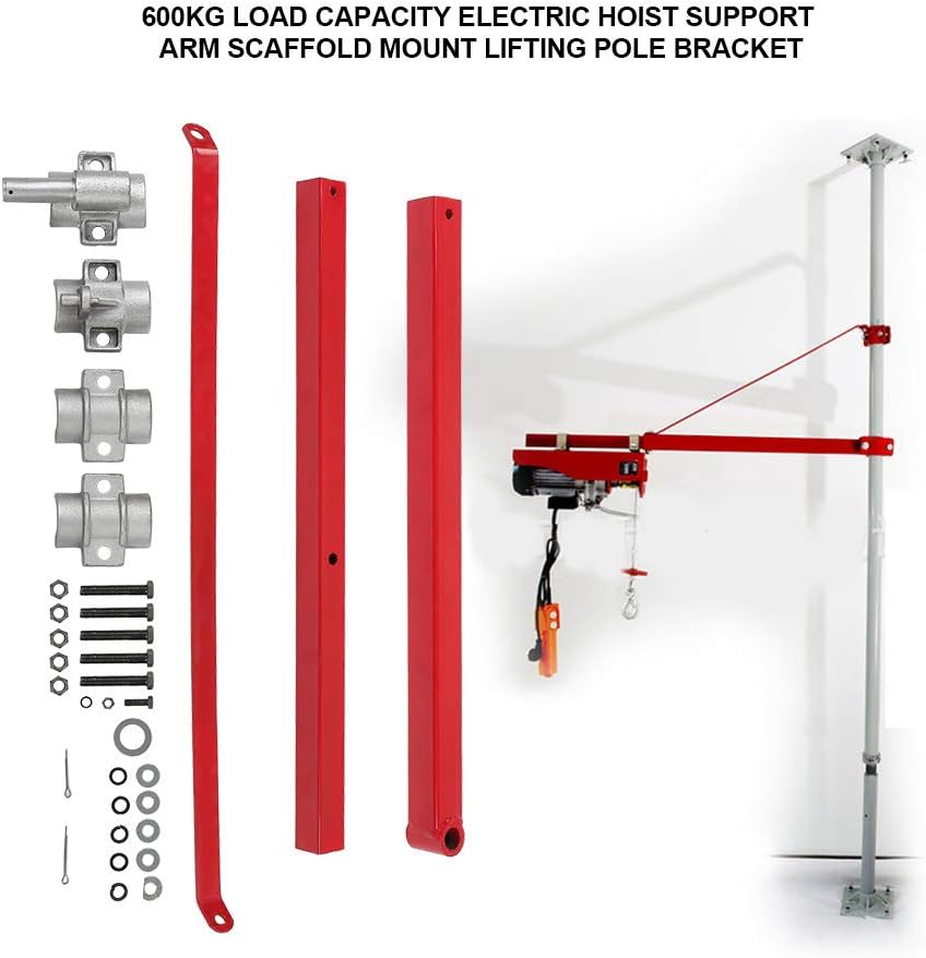 Electric hoist support arm scaffold mount lifting pole bracket with components on a white background
