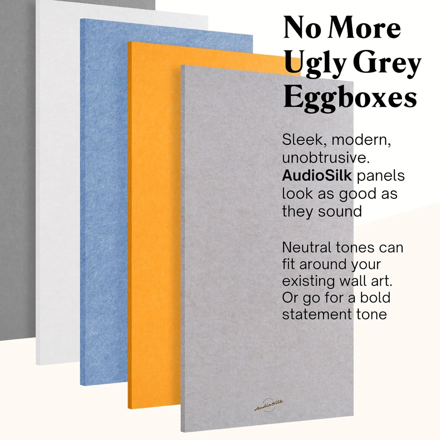AudioSilk panels in neutral colors with promotional text.