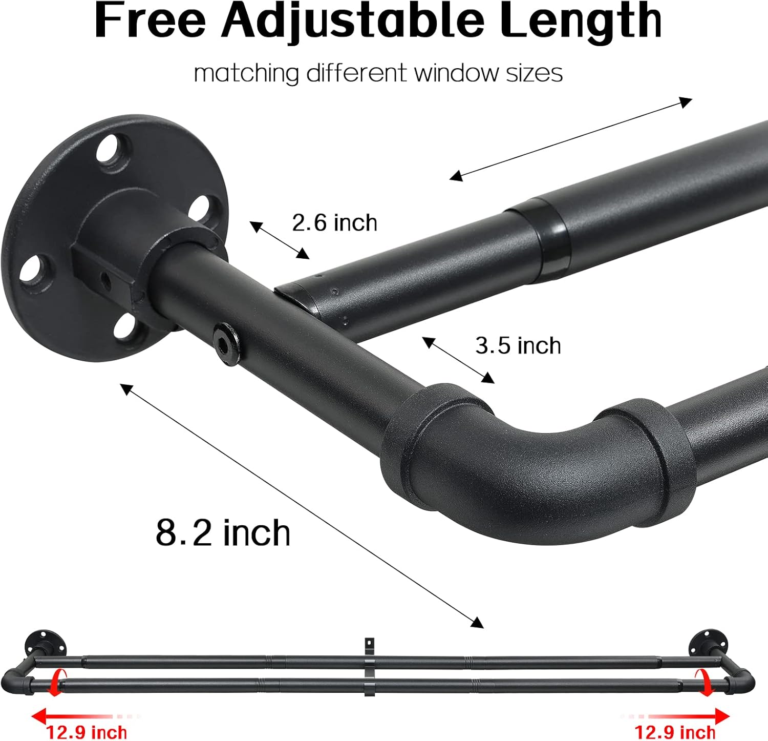 Black adjustable curtain rod with measurements on a white background