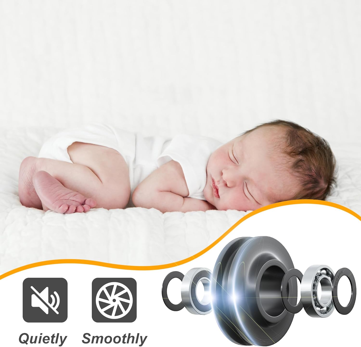 Newborn baby sleeping peacefully with mechanical components and icons indicating 'Quietly' and 'Smoothly'.