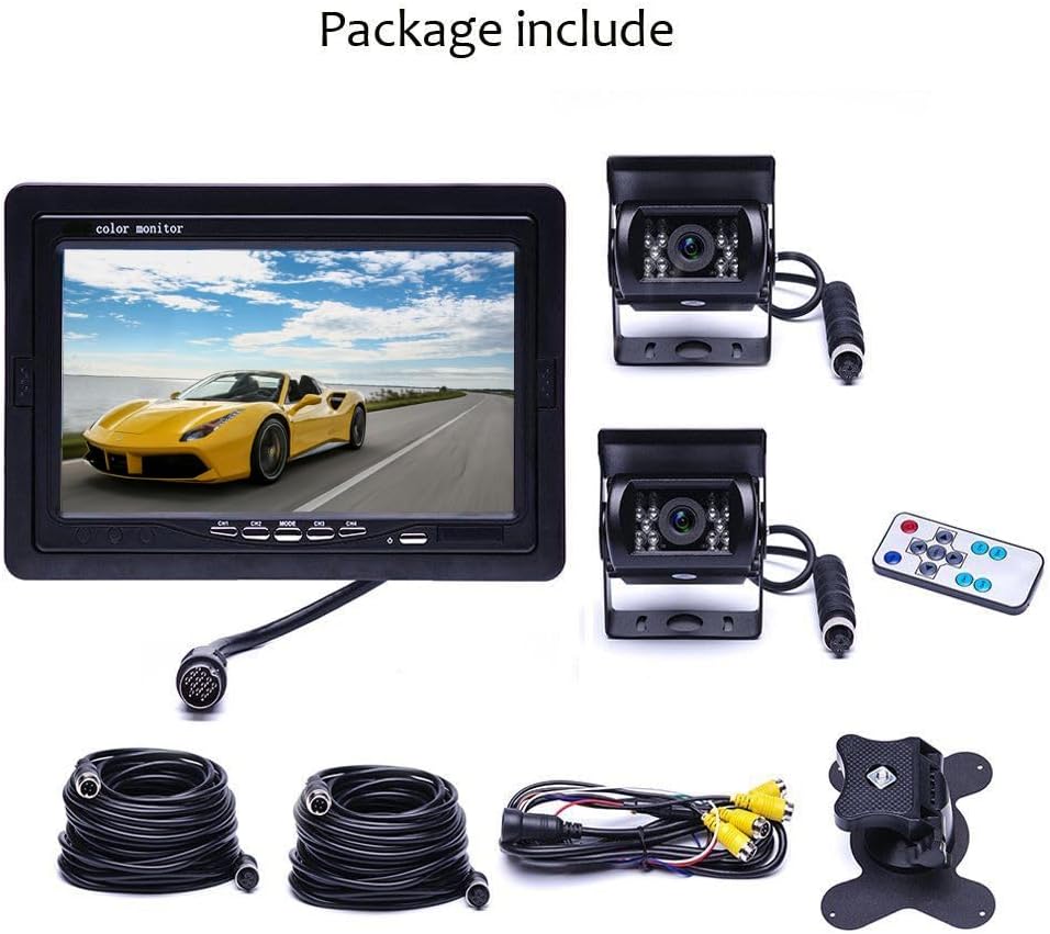 7'' Vehicle Backup Camera System, 4-Split Screen, Waterproof for Trucks/RVs