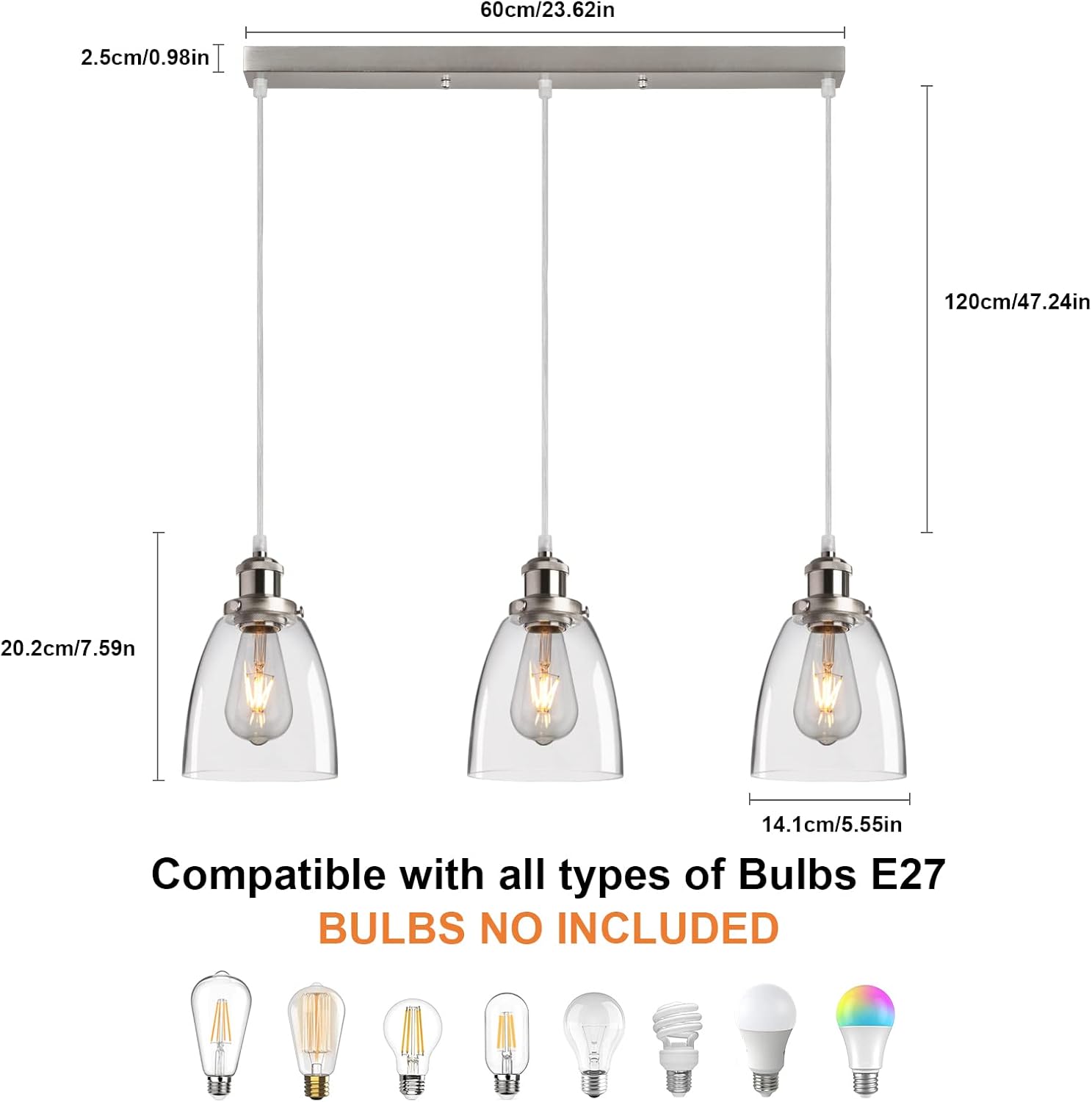 Three pendant lights with measurements and compatibility information for E27 bulbs on a white background.