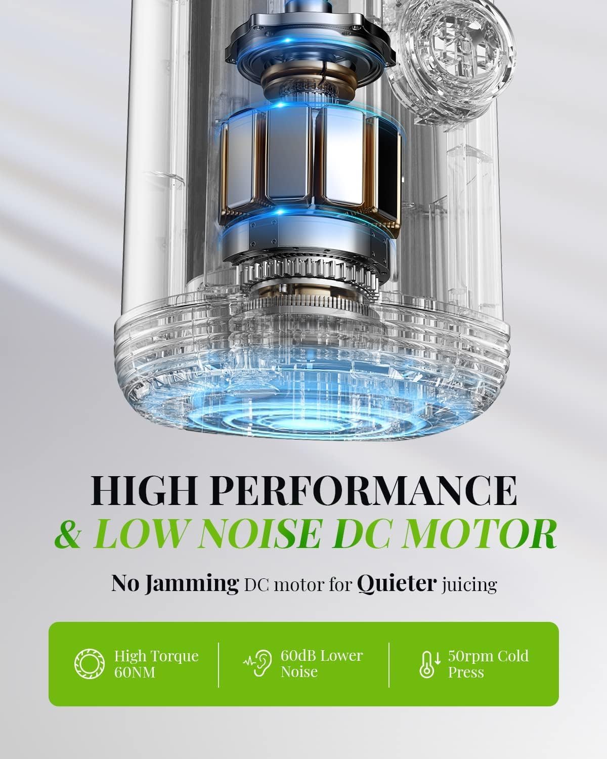 High performance DC motor with text on a gray background
