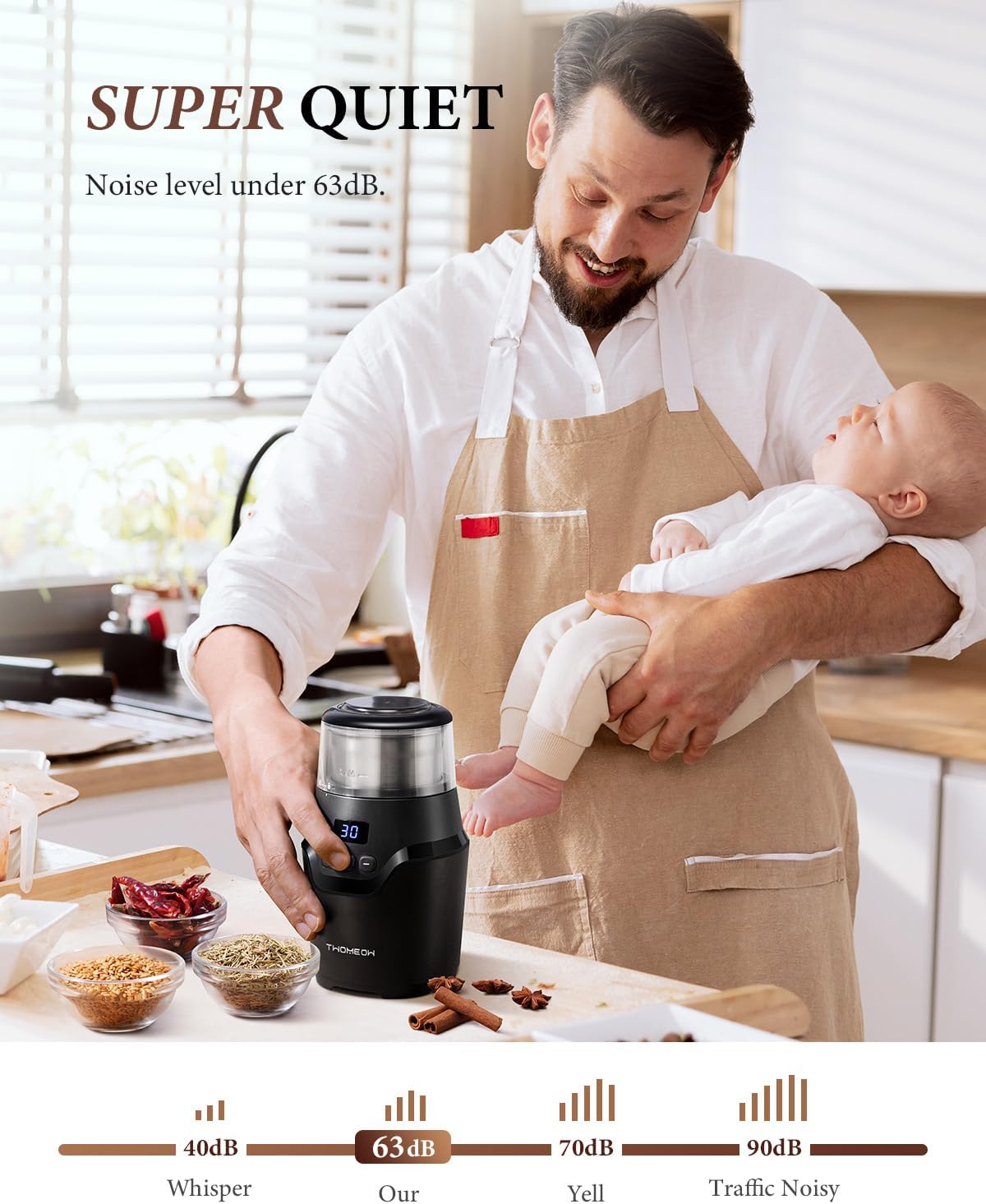 Electric Coffee Spice Grinder Smart Display Wet Dry Grinding Dual Cups