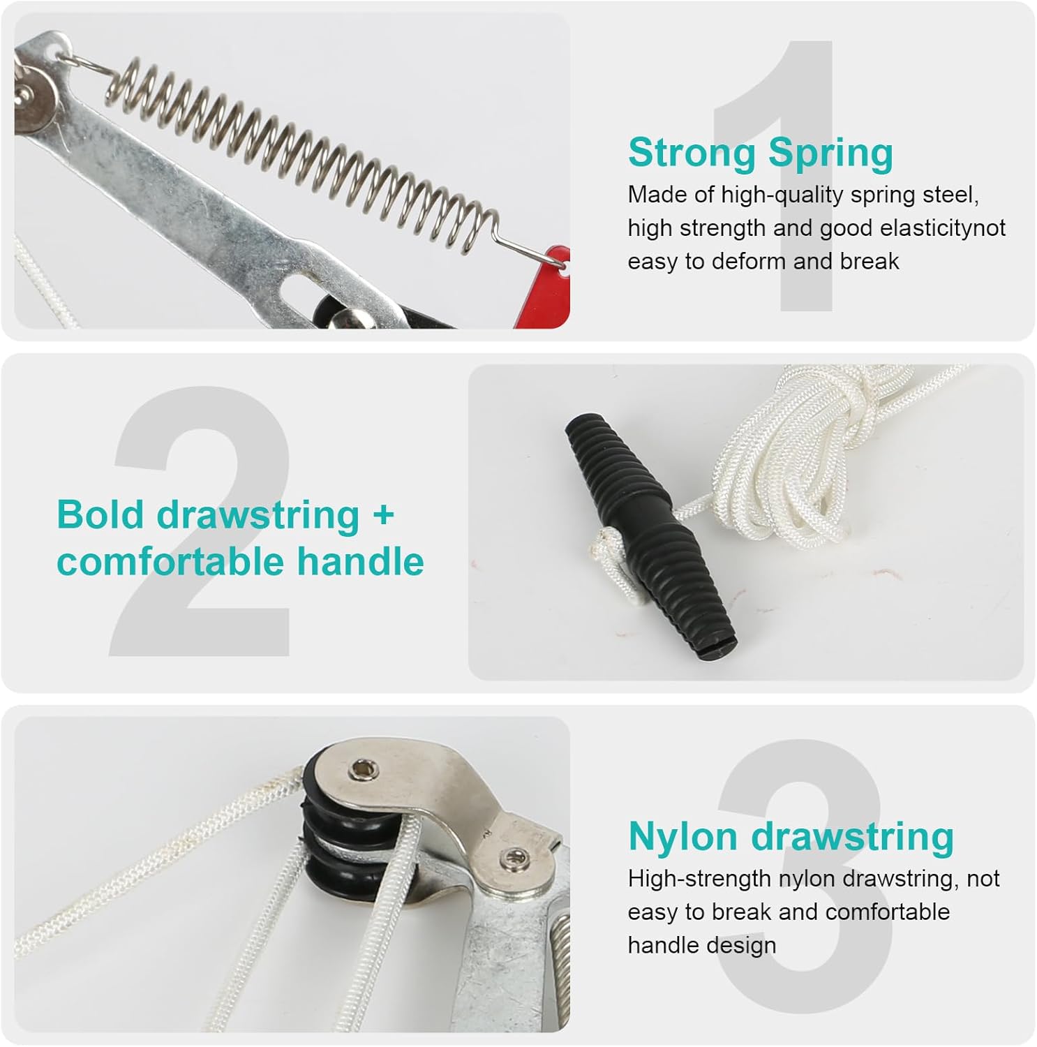 Product features including a strong spring, bold drawstring, and comfortable handle on a white background.