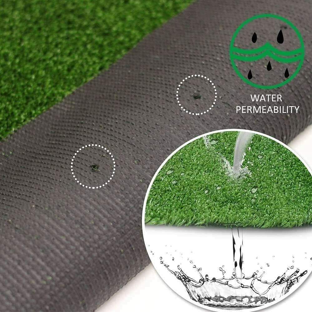 Artificial grass with water permeability feature and water droplet icons.