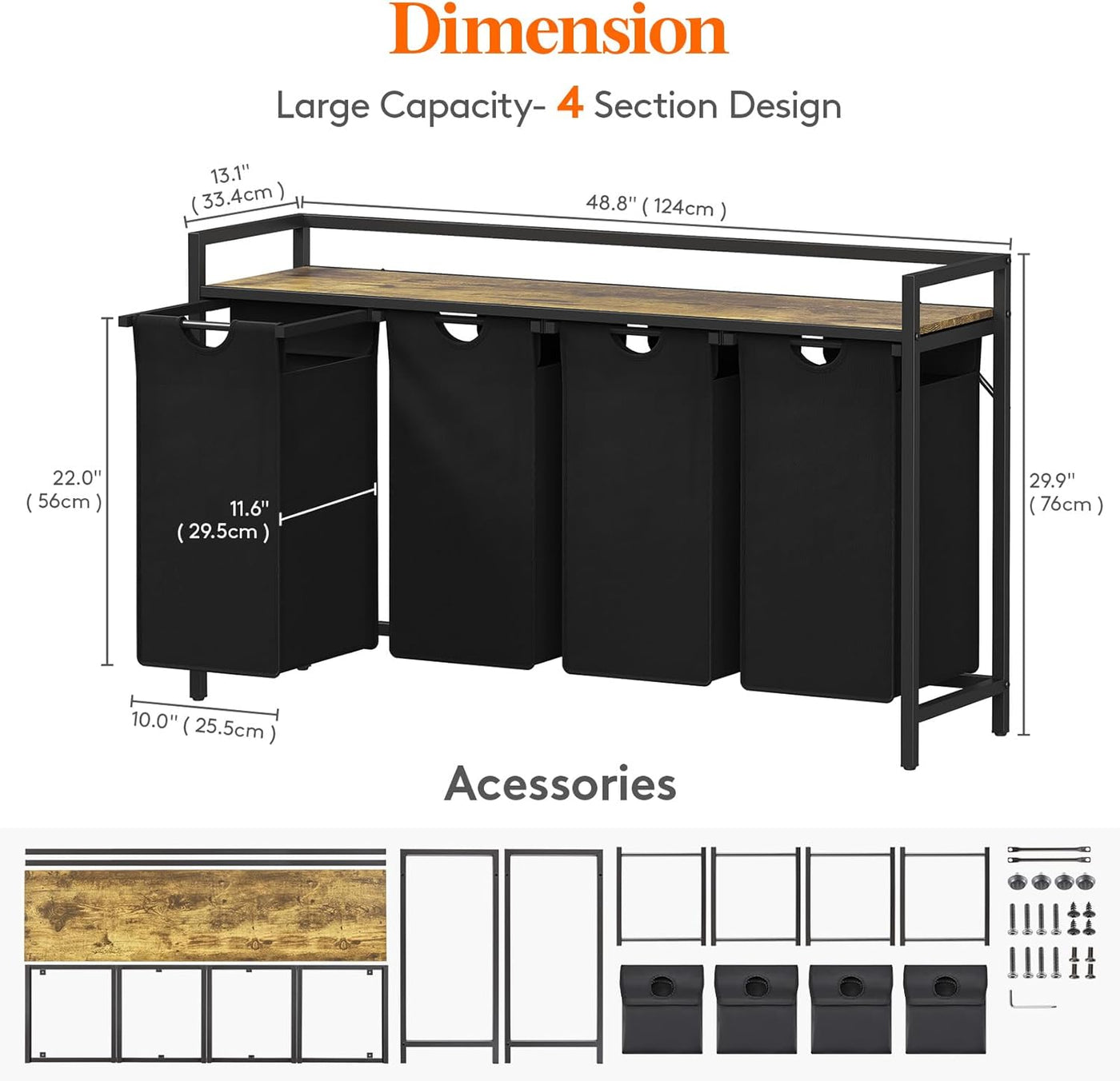 Lifewit 168L Laundry Hamper – 4-Section Sorter with Shelf & Removable Bags Black