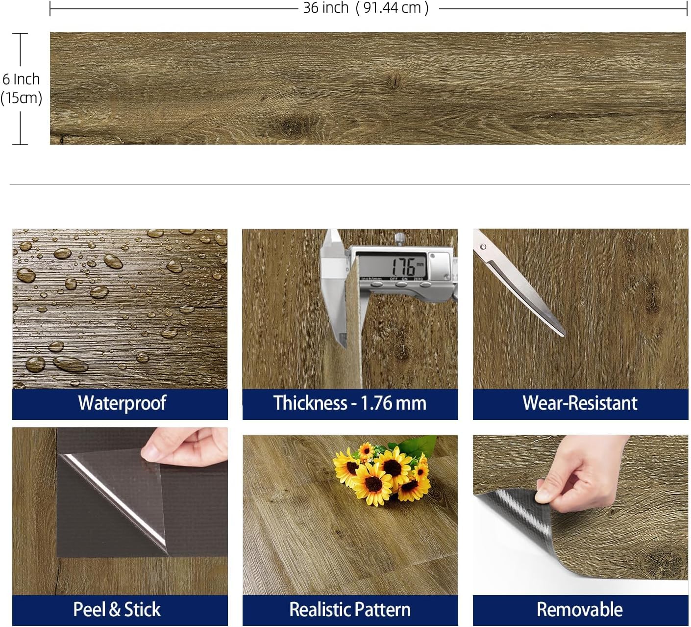 Wooden floor mat with measurements, features, and usage examples.