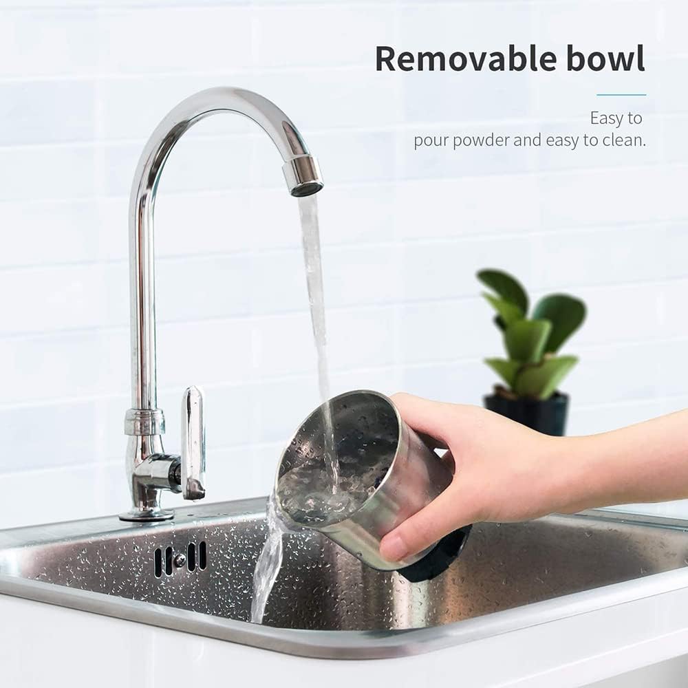 Hand pouring water from a metallic container into a sink with a faucet, text indicating a removable bowl feature.