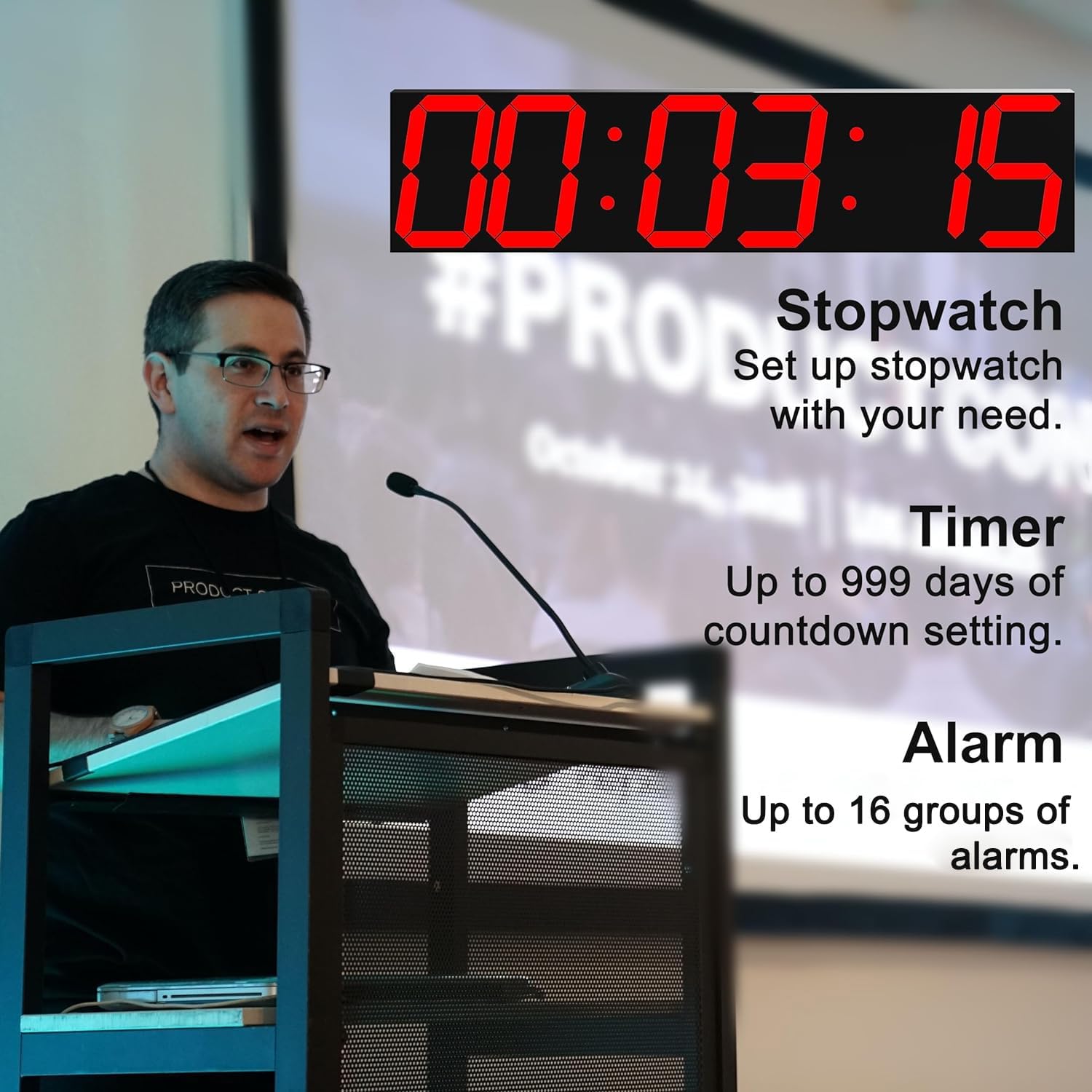 Person at a podium with a digital countdown timer overlay
