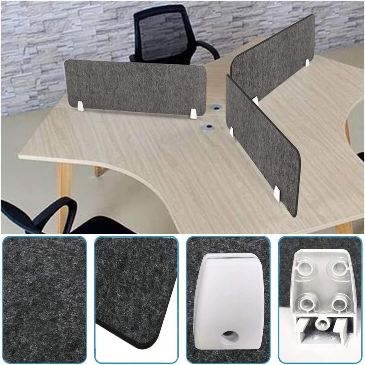 Wooden office desk with gray partition screens and close-up details on a gray brick wall background.