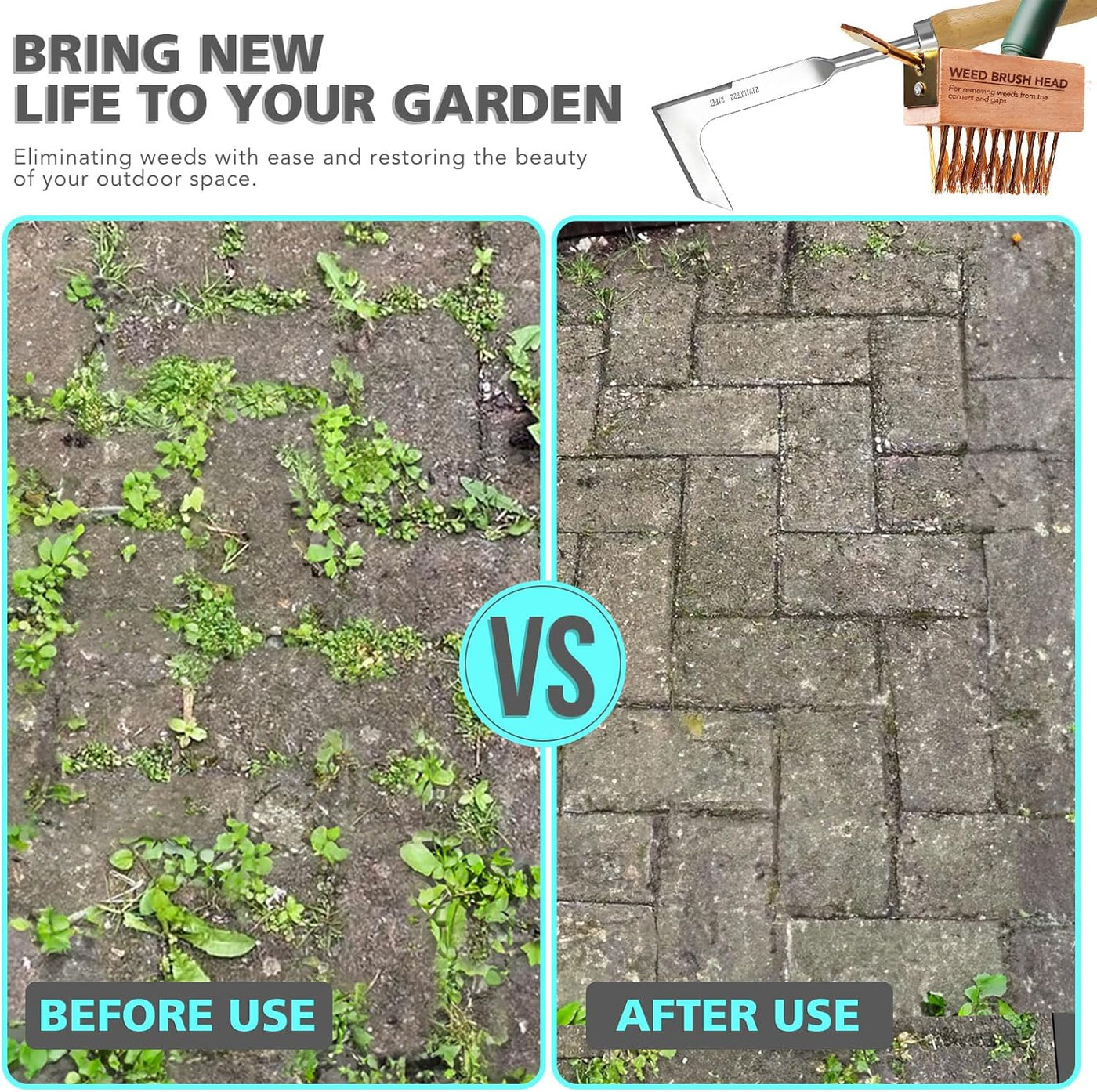 Before and after comparison of a garden with weeds and a clean area using a weed brush.