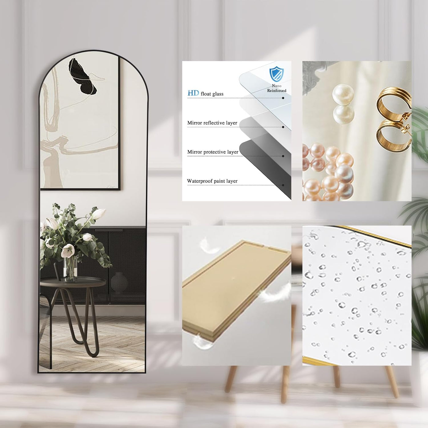 Collage of a decorative mirror with floral arrangement, product layers diagram, and close-up of reflective surface.