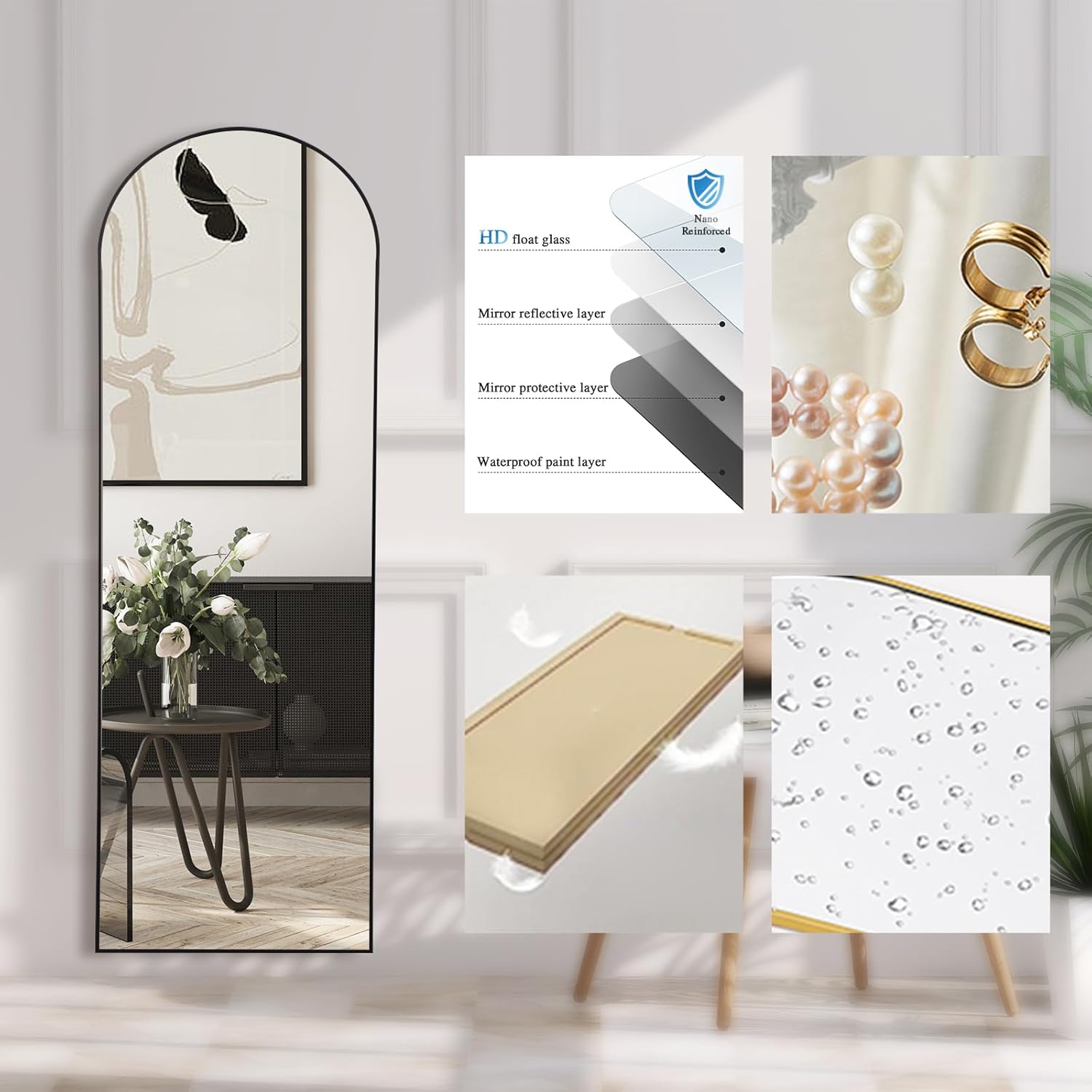 Collage of a decorative mirror with floral arrangement, product layers diagram, and close-up of reflective surface.