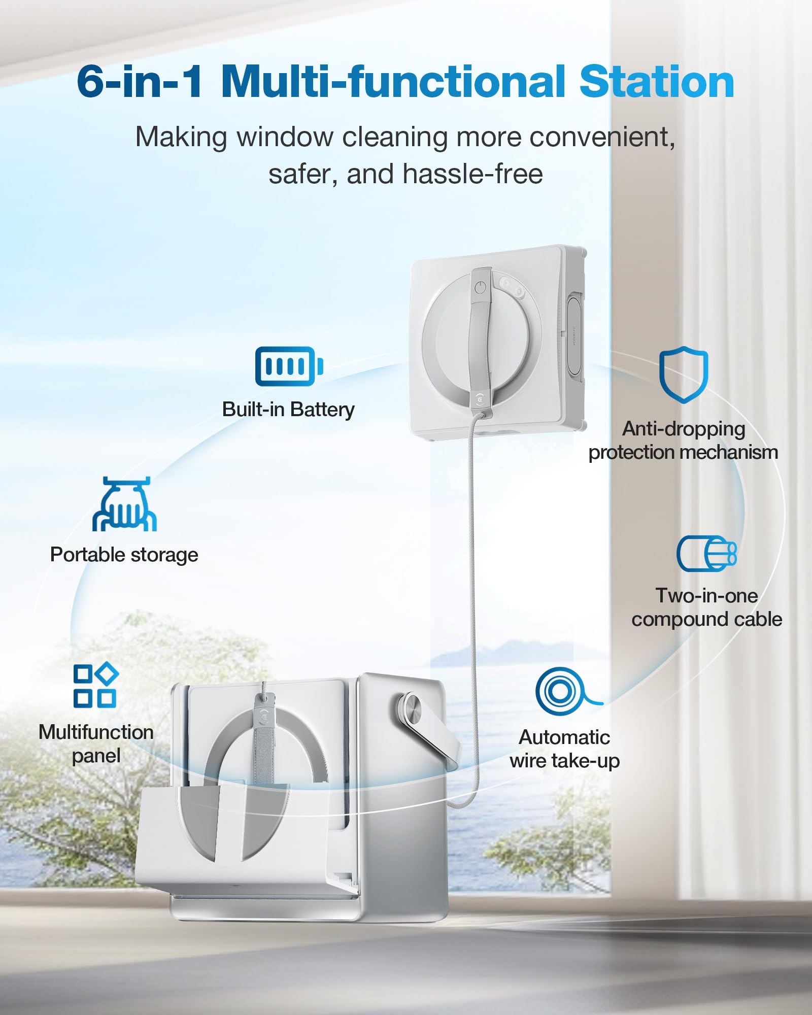 6-in-1 multi-functional station for window cleaning with features highlighted.